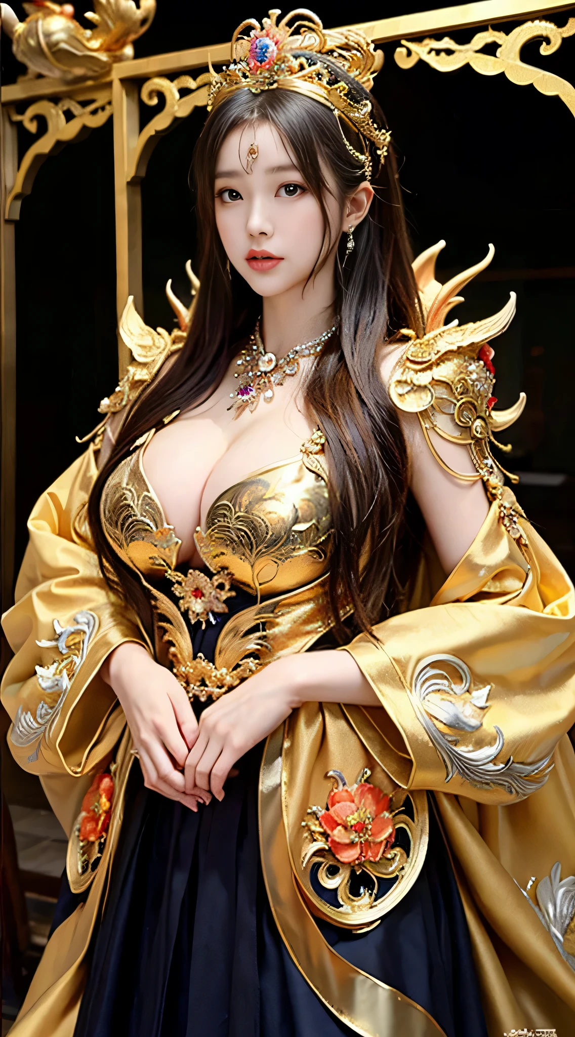 Bellyband。Scarf。Big 。 larger than torso。smooth and delicate woman。Sexy hot woman。Prostitute。Hairpin。Taoist robe。full-body shot，High heel。Cultivation clothing。exposed。Antique Chinese costumes。vintage  clothing。Phoenix crown and bridal robe。Bundled hair with a golden crown。camel toe。Model shooting poses。