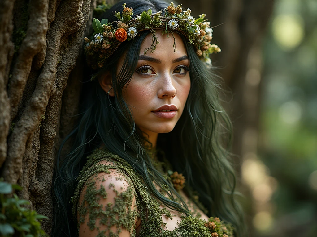 A beautiful Druid woman would be characterized by a natural and timeless beauty that reflects her connection to nature and the elements. Her long, dark hair could be braided with ribbons or adorned with flowers and foliage, and her face would be smooth and serene, with deep, piercing eyes. She could wear linen or wool clothing, in natural colors such as green, brown and red, with details in fur and leather. It could be adorned with jewelry made from nature stones, such as tourmaline, agate, and aventurine. She would have an upright and gracile posture, and a calm and peaceful presence that inspires calm and confidence. It could be surrounded by plants and trees, or in a natural environment like a forest or river. In short, a beautiful Druid woman would be an image of natural beauty, ancient wisdom, and harmony with nature, combining the mystery and serenity of a priestess with the strength and presence of a warrior.