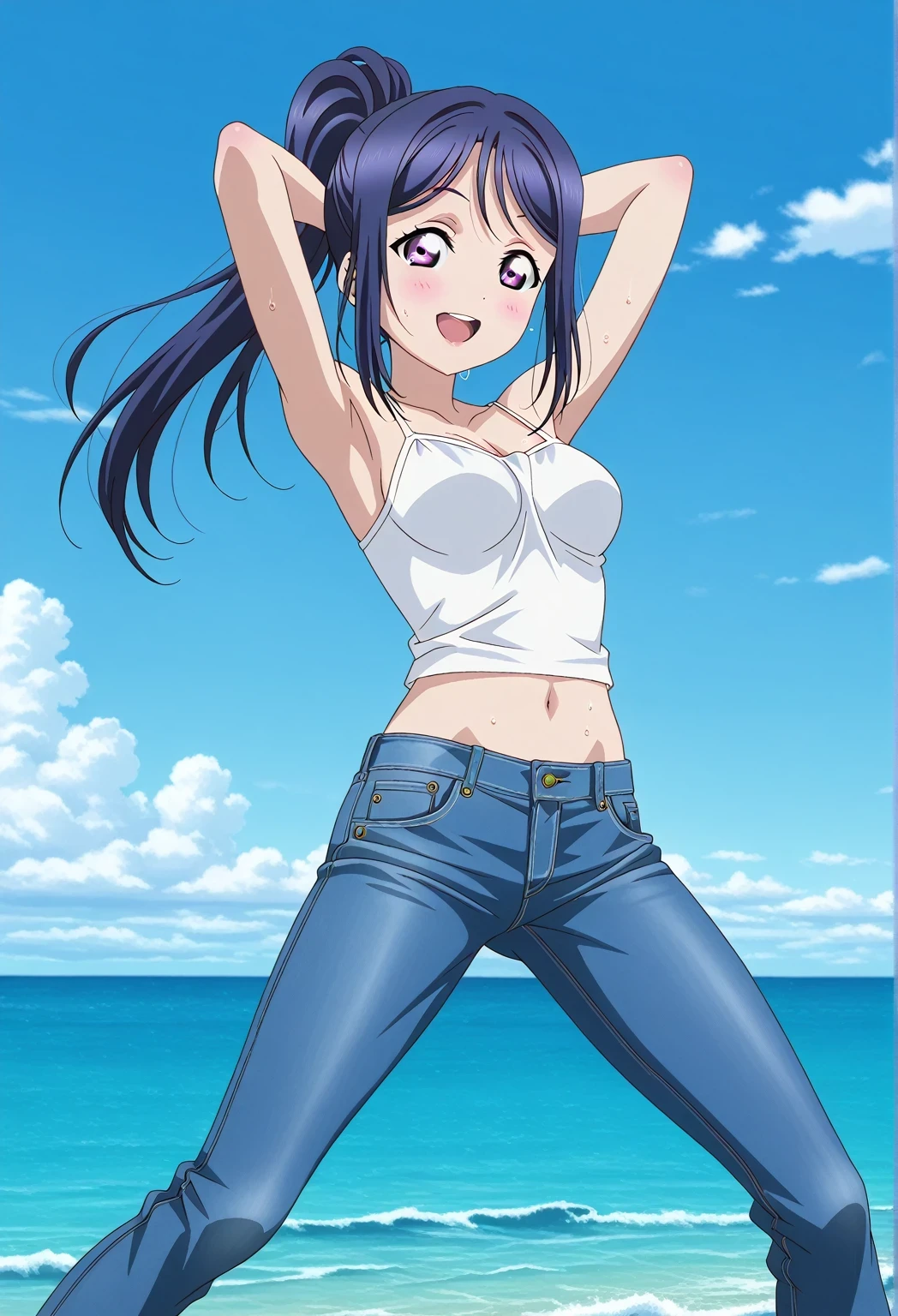 score_9, score_8_up, score_7_up, source_anime, highres, hi res, ((best quality, top quality, perfect quality, Highest Quality, amazing quality)), {{masterpiece}}, {{an extremely delicate and beautiful}}, 2d, intricate details, official style, anime, 8k, anime style, official_anime, official art, digital painting, cell shading, soft shading, high resolution, soothing tones, Subdued Color, Soft cinematic light, adobe lightroom, photolab, HDR, intricately and hyper-detailed, ((high quality animation)), 1 girl, Alone, solo, ((ocean)), tsunami, on the water, day, sunny, outdoors, sky, windy, kanan matsuura, Love Live! Sunshine!!, long hair, blue hair, purple eyes, ponytail, sidelocks, anime coloring, anime screencap, medium breasts, white camisole top, crop top, white crop top, best quality, hyper-detailed jeans, ((blue jeans:1.9)), (dark blue jeans:0.6), full medium body, medium shot, Open mouth, smiling, happy face, blush, sweat, standing, ((arms behind head:6.0)), ((perfect arm line:2.5)), perfect hand line, bowlegged, sliding pose, action, looking at viewer, spread legs, Bend knees slightly, straight-on front view