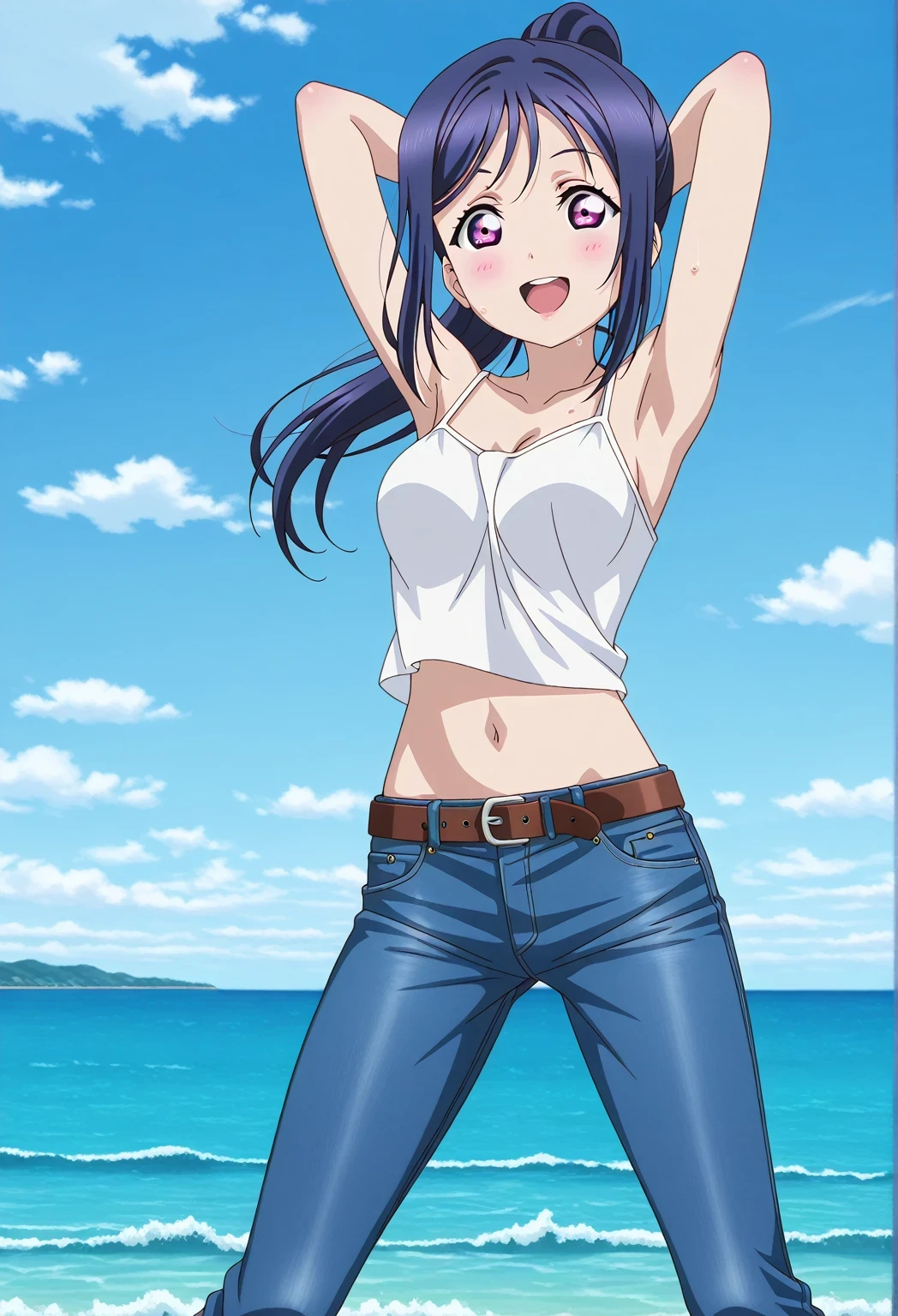 score_9, score_8_up, score_7_up, source_anime, highres, hi res, ((best quality, top quality, perfect quality, Highest Quality, amazing quality)), {{masterpiece}}, {{an extremely delicate and beautiful}}, 2d, intricate details, official style, anime, 8k, anime style, official_anime, official art, digital painting, cell shading, soft shading, high resolution, soothing tones, Subdued Color, Soft cinematic light, adobe lightroom, photolab, HDR, intricately and hyper-detailed, ((high quality animation)), 1 girl, Alone, solo, ((ocean)), tsunami, on the water, day, sunny, outdoors, sky, windy, kanan matsuura, Love Live! Sunshine!!, long hair, blue hair, purple eyes, ponytail, sidelocks, anime coloring, anime screencap, medium breasts, white camisole top, crop top, white crop top, best quality, hyper-detailed jeans, belt, brown belt, ((blue jeans:1.9)), (dark blue jeans:0.6), full medium body, medium shot, Open mouth, smiling, happy face, blush, sweat, standing, ((arms behind head:6.0)), ((perfect arm line:2.5)), perfect hand line, bowlegged, sliding pose, action, looking at viewer, spread legs, Bend knees slightly, straight-on front view