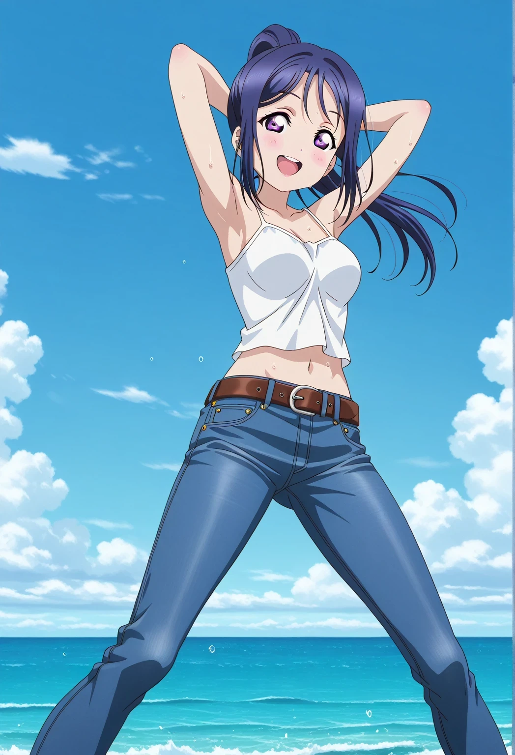 score_9, score_8_up, score_7_up, source_anime, highres, hi res, ((best quality, top quality, perfect quality, Highest Quality, amazing quality)), {{masterpiece}}, {{an extremely delicate and beautiful}}, 2d, intricate details, official style, anime, 8k, anime style, official_anime, official art, digital painting, cell shading, soft shading, high resolution, soothing tones, Subdued Color, Soft cinematic light, adobe lightroom, photolab, HDR, intricately and hyper-detailed, ((high quality animation)), 1 girl, Alone, solo, ((ocean)), tsunami, on the water, day, sunny, outdoors, sky, windy, kanan matsuura, Love Live! Sunshine!!, long hair, blue hair, purple eyes, ponytail, sidelocks, anime coloring, anime screencap, medium breasts, white camisole top, crop top, white crop top, best quality, hyper-detailed jeans, belt, brown belt, ((blue jeans:1.9)), (dark blue jeans:0.6), full medium body, medium shot, Open mouth, smiling, happy face, blush, sweat, standing, ((arms behind head:6.0)), ((perfect arm line:2.5)), perfect hand line, bowlegged, sliding pose, action, looking at viewer, spread legs, Bend knees slightly, straight-on front view