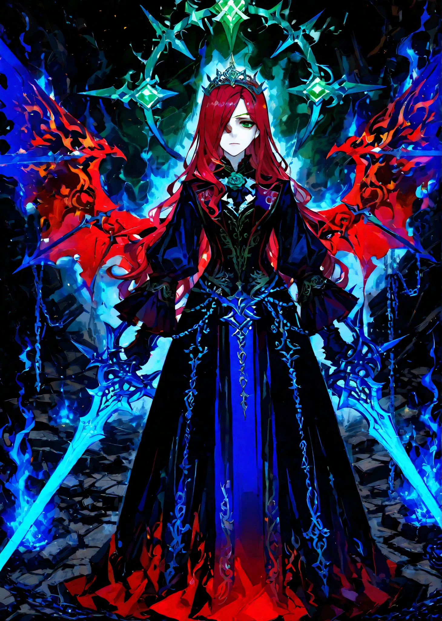 mature young woman,
long wavy rose-red hair covering one eye,
cold green eyes,
graceful slender proportions,
deep garnet-red aristocratic long coat, tailored and elegant,
turquoise chain ornament and subtle emerald embroidery,
dual-wielding two western flamberge swords with blue flames on the blades only,
large red flame wings,
thin and delicate gold trident-shaped decorative tiara on her forehead,
burning battlefield,
dramatic fantasy illustration, Ishibashi Yosuke style