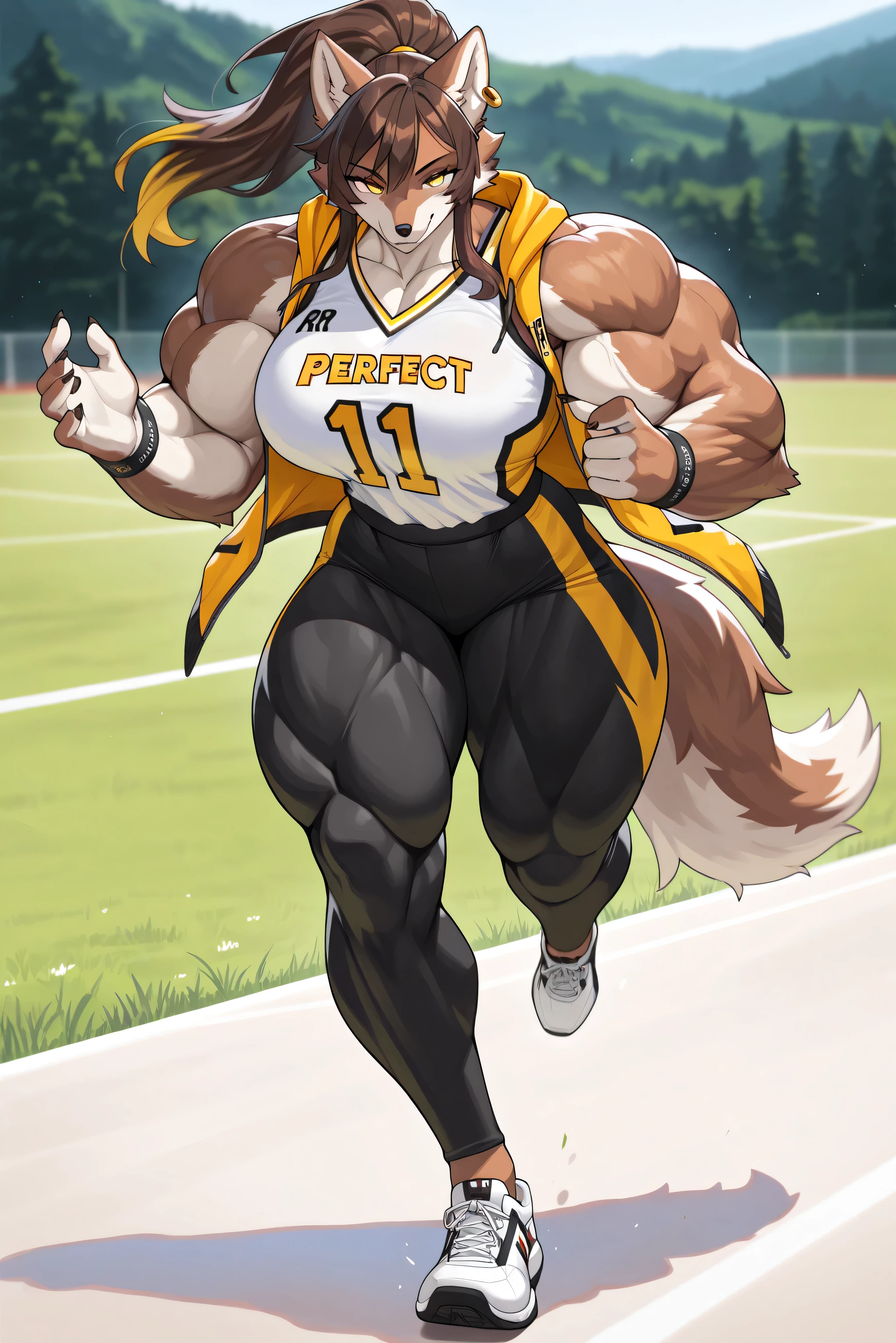 Masterpiece, ultra high quality, ultra high resolution, 1girl, 1furry, 1anthro, furry, furry only, furry ears, earring, anthro, anthro only, female, solo, female Wolf, Tail, Brown fur, Yellow eyes, Brown hair, Yellow tips, Long hair, Ponytail, (detailed beautiful faces), (perfect anatomy), (good proportions body), (fit body), (Perfect Hands), (Perfect Fingers), (Five Fingers), (Basketball uniform), (Open Hoodie), (Sleeveless), (Hands Bands), (Sports Leggings), (Run Shoes), big breasts, massive breasts, big muscles, big muscular arms, big muscles legs, muscular female, muscular arms, muscular legs, wide hips, naughty face, seductive, seductive smile, smirk, Running, Grass Field Background 