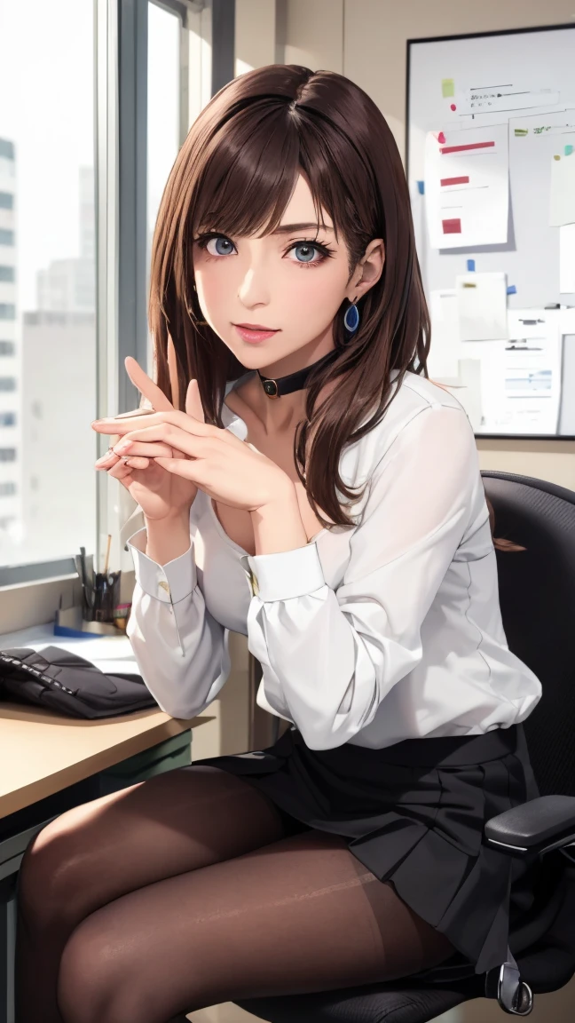 One Girl, alone, pantyhose, Brown Hair, squat, Brown eyes, skirt, View your viewers, ペンシルskirt, office lady, Jacket, indoor, Long Hair, shirt, bangs, 黒いJacket, blush, 白のshirt, 黒いskirt, Hair between the eyes, Long sleeve, put your hand on your face, Part your lips, Small , Brown pantyhose, suit, Large , , formal, smile, Black pantyhose, Open your mouth, Put your hand on your cheek, Beautiful girl ,In 8K, Ultra-high resolution,RAW Photos, (Tabletop:1.2), (Highest quality:1.2), Realistic, Photorealistic, Sharp focus,Professional、Nogizaka Idol、Korean Idol、Gravure idol pose、、Age 25、expensive, Glamour、side、Swimwear