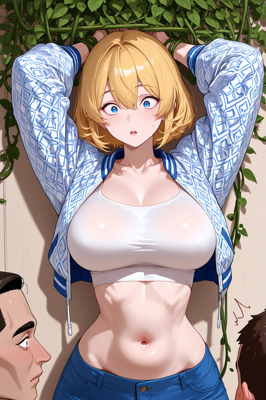 (Highest quality:1.2, High Detail, masterpiece:1.2, Best aesthetics), (1 girl), Beautiful woman, Beautiful detailed eyes, Beautiful detailed lips, Highly detailed face, Delicate depiction of hair and eyes, Detailed Fashion, ((Portraiture, Cowboy Shot)), Aqua Eye, huge ahoge, Mouth open, Earrings, JK, View your viewers, attractive breasts, upper body, full body from knees to head, in the room, gaze away, high exposure, gaze into the distance, smile lightly, bared navel, lots of exposure, Emphasize cleavage, sheer  and pantie,  arms and legs, fancy nails, , , , yellow long hair, bob cut,  , , 20 years old, accessories, , bracelet