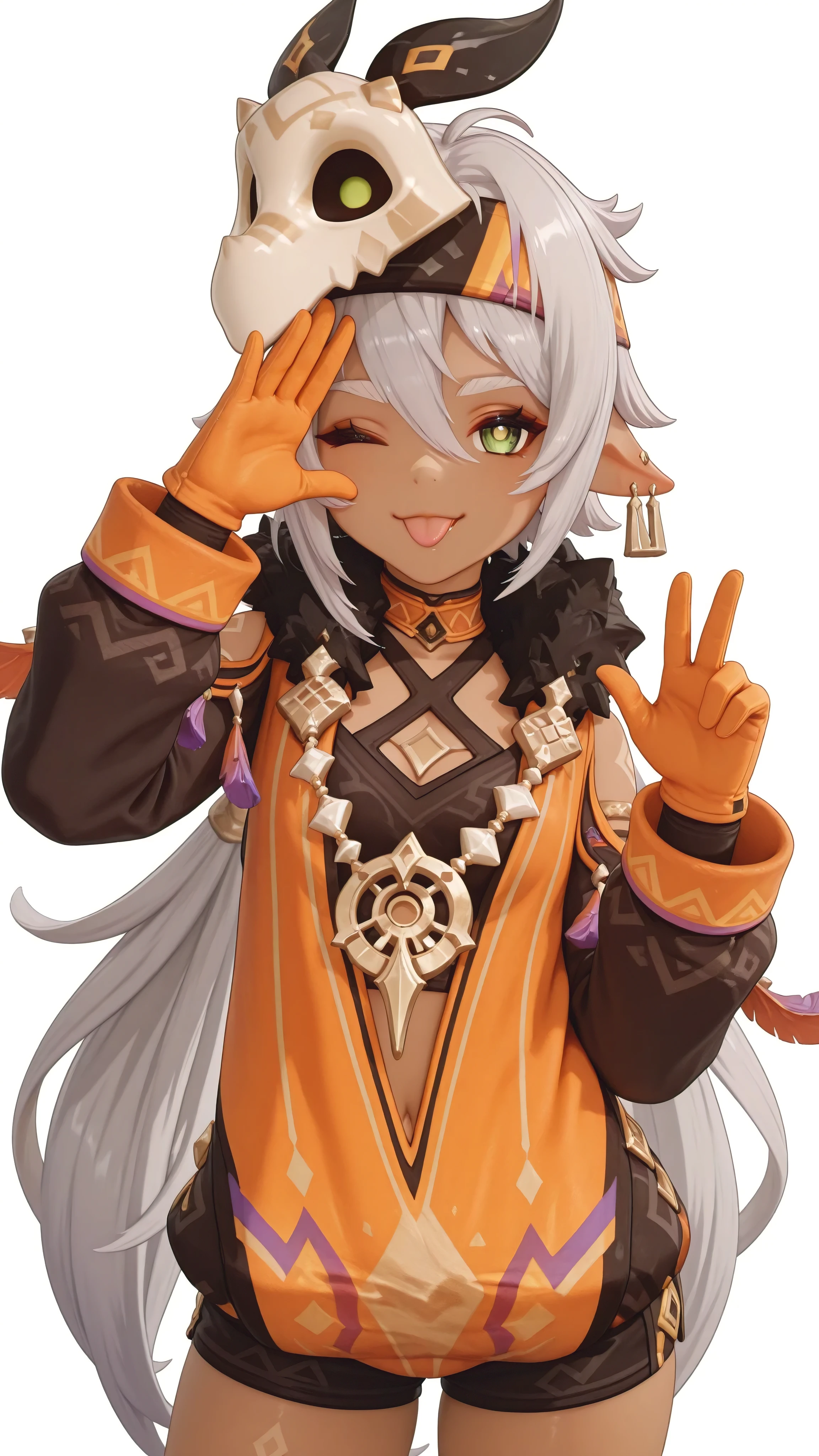 masterpiece, best quality, amazing quality,, <lora:genshin-iansan-ingame-illustriousxl-lora-nochekaiser:1>, iansan, iansan (genshin impact), long hair, hair ornament, hair between eyes, very long hair, green eyes, white hair, grey hair, ponytail, pointy ears, dark skin, dark-skinned female, 3d, long sleeves, gloves, jewelry, earrings, shorts, fur trim, mask, headband, feathers, feather hair ornament, mask on head, orange gloves, tooth necklace, <lora:hoshino-ais-pose-illustriousxl-lora-nochekaiser:1>, hoshino ai's pose, solo, looking at viewer, smile, closed mouth, one eye closed, tongue, tongue out, hands up,, casino, games, lights, chips, luck, cowboy shot, solo, looking at viewer, <lora:transparent-background-illustriousxl-lora-nochekaiser:1>, transparent background, simple background, white background