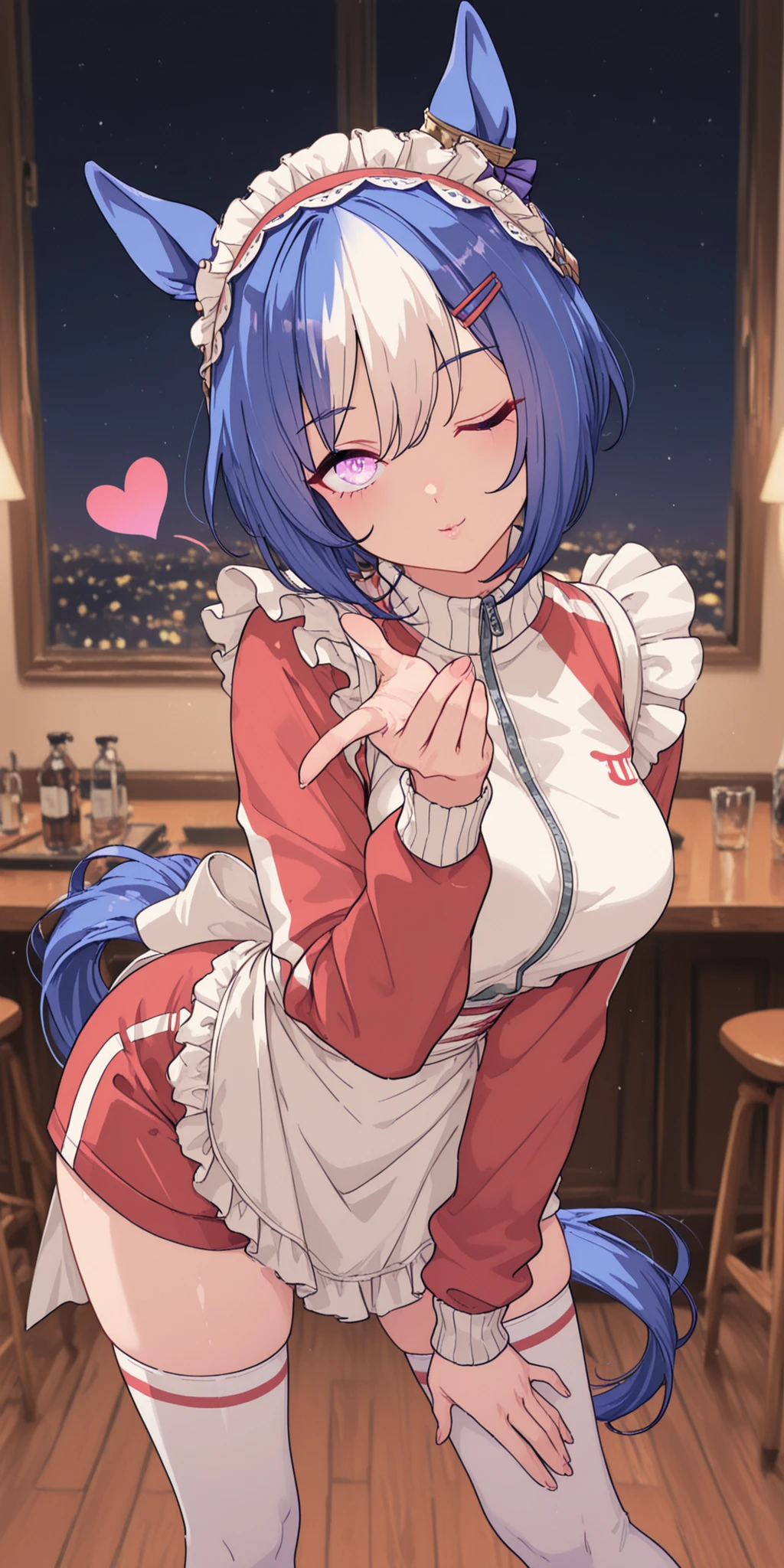 1girl,solo,cesario (umamusume), horse girl, indoor,bar,night,

 alternate costume, frilled apron, waist apron, white apron, maid, maid apron, unconventional maid, jersey maid, (red) jacket, track jacket, long sleeves, shoes, zettai ryouiki , (red) shorts, white thighhighs, bow, ear bow, hair ornament, hairband, hairclip, white headdress, (one eye closed,wink),legs out of frames,face close-up,upper body

sexy front view, contrapposto,, legs apart, with blowing kiss, Heart,dynamic pose, stylish pose, provocative pose,


tall, attractive, big cute eyes, small waist, wide hips, long torso, sexy, defined pelvis, fit, skinny, sexy body, supermodel, sexiest body, ridiculously sexy, sexy long legs, sexy muscular legs, round breast, defined breast, flirtatious, seductive, zany face,

masterpiece, best quality, (anime coloring), ultra detailed, high resolution,
skin translucency, smooth skin, moist skin, silky skin texture,
detailed eyes, reflections in eyes,
detailed hair, shiny hair, 8k, illustration,epic scenery, SuperDetailers_NAI, neghand