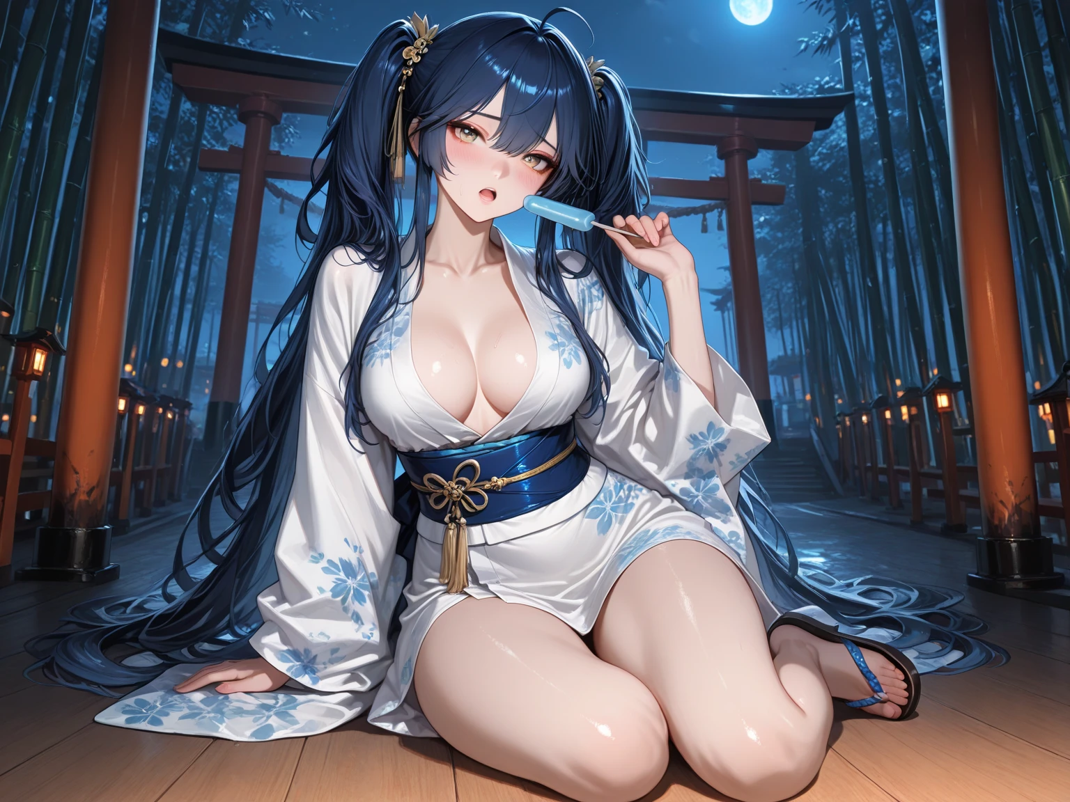 (highest quality, 8K, 32K, masterpiece, UHD: 1.3), (attractive本物の日本の女性の写真), 1 girl, (extra large size: 1.3), bangs, abs, perfect figure, super detailed face, detailed lips, fine eyes, double eyelid, droopy eyes, white bikini, pool, (attractive), ((excited: 1.5)), (slippery ))  、((( Gown)))、 Gownを着た美しい裸の女性、solo、best style、big breasts、The most beautiful in the world、unparalleled beauty、long hair、There is a big window.、You can enjoy the view of the forest, high-end hot spring, Large window to the forest at night, an indigo forest in japan, luxurious hot springs, japanese hot spring, Inspired by Tadao Ando, Japanese public bath, Kano Tanyou, Empty bathhouse hidden in a cave, hot spring、Big room with chandelier and chandelier, beautiful render of a fairytale, magical atmosphere + masterpiece, so magical and dreamy, magical colors and atmosphere, Blue lighting. fantasy, fantasy gorgeous lighting, extravagant matte painting, concept art stunning atmosphere, magical environment, magical colors and atmosphere, beautiful concept art, dark majestic ornate great hall, inside the palace