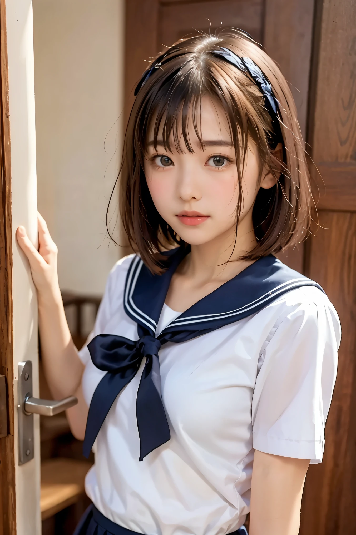 (cute woman, Adorable Heroine),( lori:1.25),1girl, are knocking on the door, cowboy shot with love juice pouring out, embarrassing expression,
Knock on the door
Break Girl, 18, small tits,small breasted、flat chest、(Tiny top:1.6)、
black hair, medium hair, bob cut,
PinkEye,scowl the person,
face close-up、Please take a larger picture of her gentle expression、Upper Body Pictures、portrait、
sailor uniform worn by Japanese high school girls,
masterpiece,Highest Quality,great quality,Newest,
(Real skin:1),