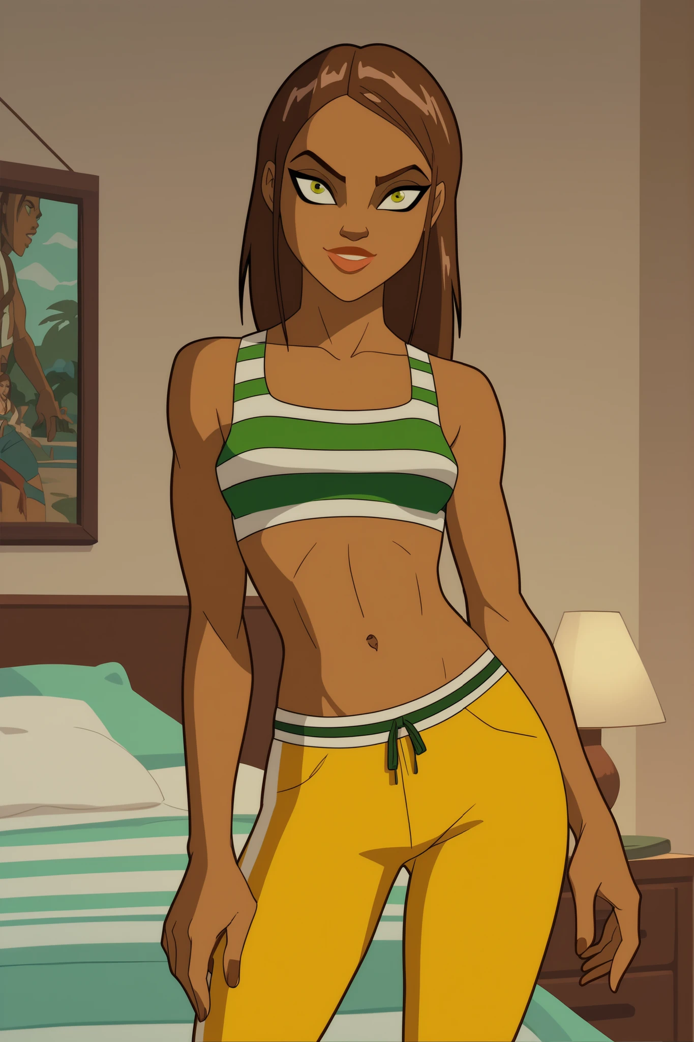 score_9_up, score_8_up, score_7_up, absurdres, masterpiece, HD, Catalina Leone, 1girl, dark skin, green eyes, thick lips, green and white stripped top, long hair, short top, navel, athletic body, yellow pants, smiling, bedroom, cozy bedroom, vivid colors