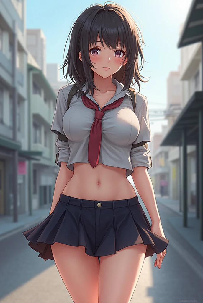 monochrome pin-up style photography, , Ayase Momo 18 years old in a white blouse with an unbuttoned collar, cleavage, medium-sized breasts, short pleated skirt lifted by the wind, white , surprise and fear on her face, short black hair, bangs, and dark wide-open eyes, strong long legs, around a small American town in the 50s, a bright sunny day, a full-length front view