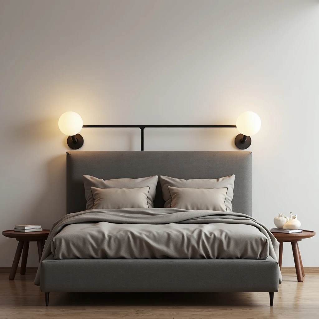 There is a bed with yellow bedside bed and gray black blanket, fabric bed, comfortable big bed, furniture design, creative design, white background, picture realistic rendering, furniture photography