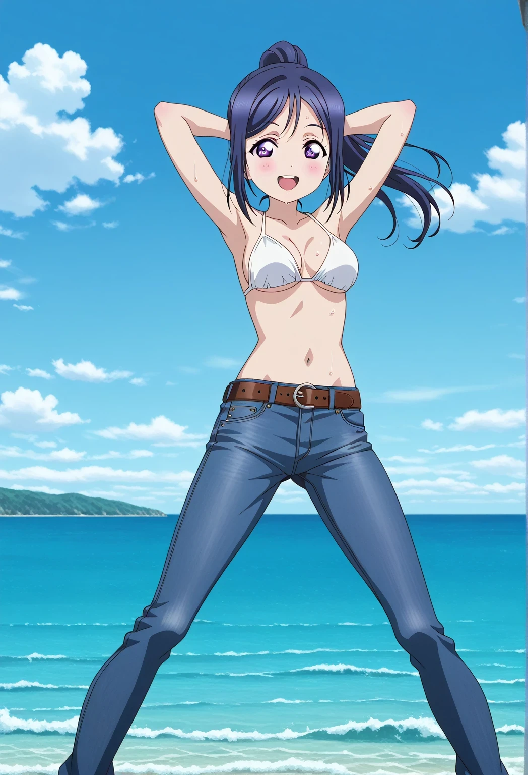 score_9, score_8_up, score_7_up, source_anime, highres, hi res, ((best quality, top quality, perfect quality, Highest Quality, amazing quality)), {{masterpiece}}, {{an extremely delicate and beautiful}}, 2d, intricate details, official style, anime, 8k, anime style, official_anime, official art, digital painting, cell shading, soft shading, high resolution, soothing tones, Subdued Color, Soft cinematic light, adobe lightroom, photolab, HDR, intricately and hyper-detailed, ((high quality animation)), 1 girl, Alone, solo, ((ocean)), tsunami, on the water, day, sunny, outdoors, sky, windy, kanan matsuura, Love Live! Sunshine!!, long hair, blue hair, purple eyes, ponytail, sidelocks, anime coloring, anime screencap, medium breasts, white bikini top, best quality, hyper-detailed jeans, belt, brown belt, ((blue jeans:1.9)), (dark blue jeans:0.6), full medium body, medium shot, Open mouth, smiling, happy face, blush, sweat, standing, ((arms behind head:6.0)), ((perfect arm line:2.5)), perfect hand line, bowlegged, sliding pose, action, looking at viewer, spread legs, Bend knees slightly, straight-on front view