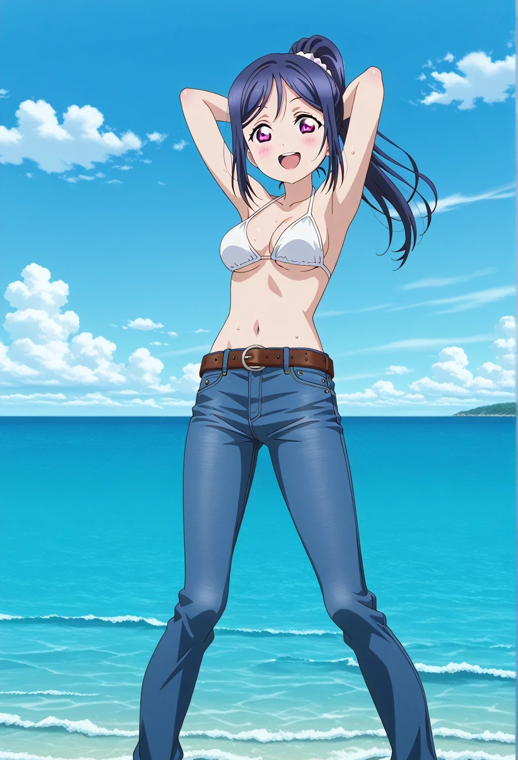 score_9, score_8_up, score_7_up, source_anime, highres, hi res, ((best quality, top quality, perfect quality, Highest Quality, amazing quality)), {{masterpiece}}, {{an extremely delicate and beautiful}}, 2d, intricate details, official style, anime, 8k, anime style, official_anime, official art, digital painting, cell shading, soft shading, high resolution, soothing tones, Subdued Color, Soft cinematic light, adobe lightroom, photolab, HDR, intricately and hyper-detailed, ((high quality animation)), 1 girl, Alone, solo, ((ocean)), tsunami, on the water, day, sunny, outdoors, sky, windy, kanan matsuura, Love Live! Sunshine!!, long hair, blue hair, purple eyes, ponytail, sidelocks, anime coloring, anime screencap, medium breasts, white bikini top, best quality, hyper-detailed jeans, belt, brown belt, ((blue jeans:1.9)), (dark blue jeans:0.6), full medium body, medium shot, Open mouth, smiling, happy face, blush, sweat, standing, ((arms behind head:6.0)), ((perfect arm line:2.5)), perfect hand line, bowlegged, sliding pose, action, looking at viewer, spread legs, Bend knees slightly, straight-on front view