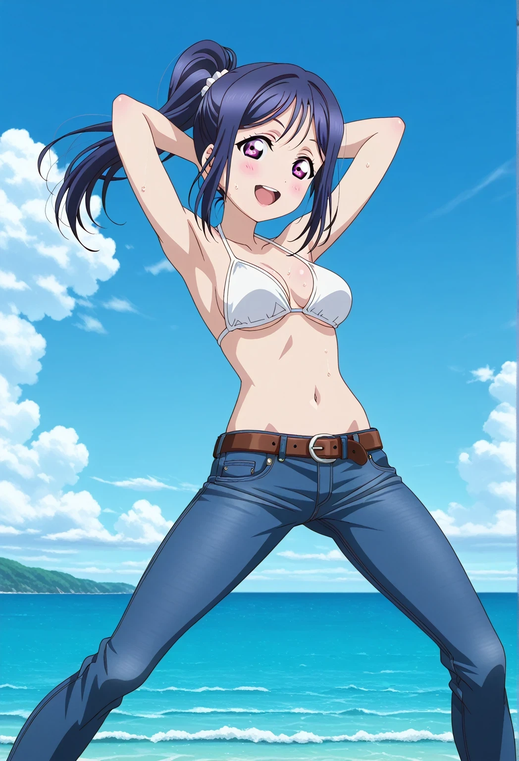 score_9, score_8_up, score_7_up, source_anime, highres, hi res, ((best quality, top quality, perfect quality, Highest Quality, amazing quality)), {{masterpiece}}, {{an extremely delicate and beautiful}}, 2d, intricate details, official style, anime, 8k, anime style, official_anime, official art, digital painting, cell shading, soft shading, high resolution, soothing tones, Subdued Color, Soft cinematic light, adobe lightroom, photolab, HDR, intricately and hyper-detailed, ((high quality animation)), 1 girl, Alone, solo, ((ocean)), tsunami, on the water, day, sunny, outdoors, sky, windy, kanan matsuura, Love Live! Sunshine!!, long hair, blue hair, purple eyes, ponytail, sidelocks, anime coloring, anime screencap, medium breasts, white bikini top, best quality, hyper-detailed jeans, belt, brown belt, ((blue jeans:1.9)), (dark blue jeans:0.6), full medium body, medium shot, Open mouth, smiling, happy face, blush, sweat, standing, ((arms behind head:6.0)), ((perfect arm line:2.5)), perfect hand line, bowlegged, sliding pose, action, looking at viewer, spread legs, Bend knees slightly, straight-on front view