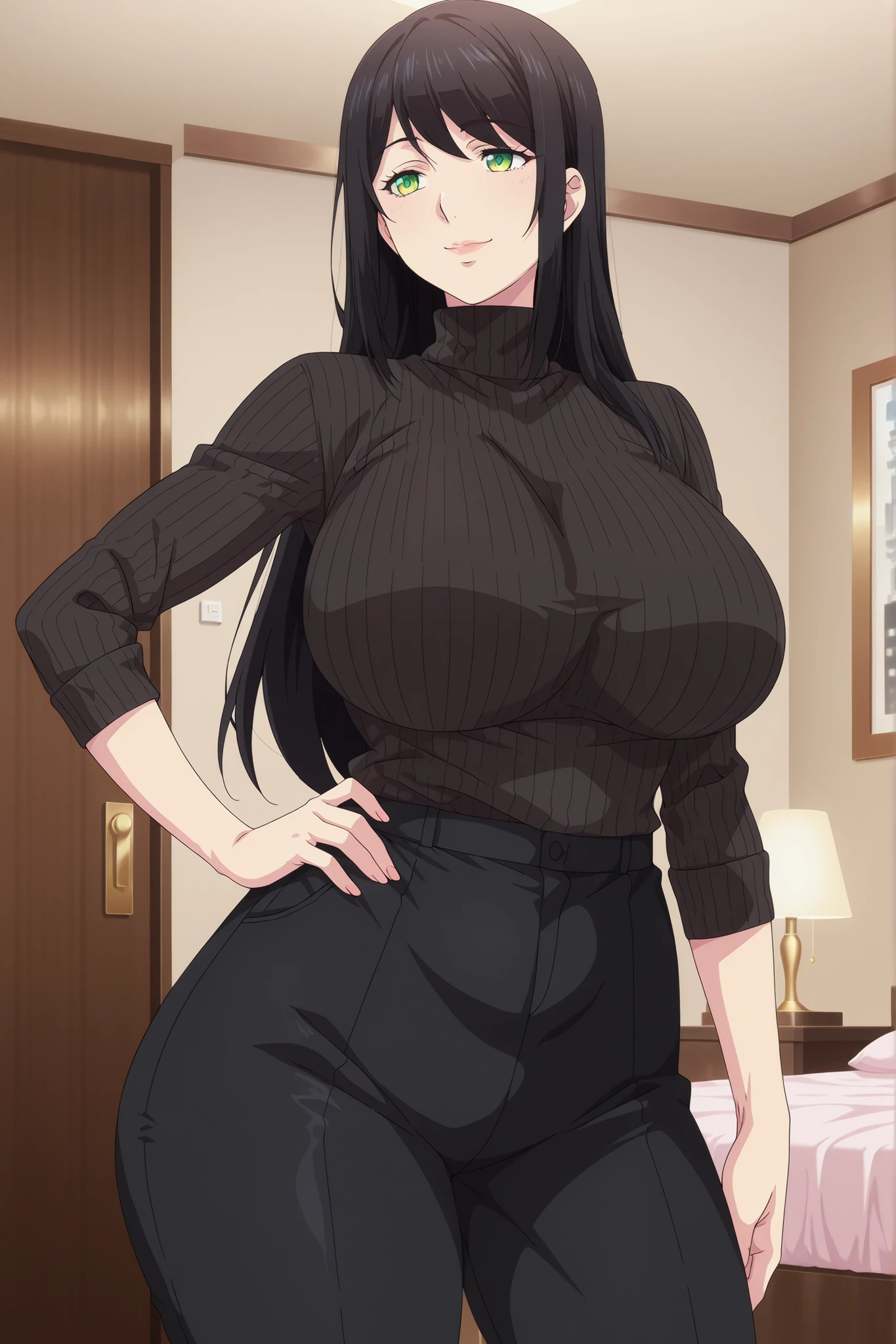 newest , masterpiece , anime screencap , anime coloring , hanyuyuzuki, 1girl, mature female, solo, green eyes, black hair, long hair, swept bangs, glamorous bodies, attractive bodies, motherly, milf large Curvy, Slutty, Neat, big breasts, thick thighs, Toned thighs, ((black turtleneck sweater, black pants,)), smile, Lips, (((Sexy,))) city, Hotel, hand on own hip,