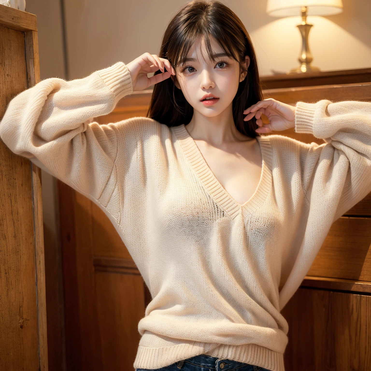 A Korean girl is posing in a photo studio with a window in the backgroundr, she wears a a muslim kopftuch wool sweater goth  and fishnet stockings , wavy black hair blowing in the wind. She's a men's magazine model, with a subtle smile,  with the camera, (in evening light: 1.2), in the photo studio, perfect eyes, perfect hands, perfect body, perfect hair, perfect chest, hair behind the ear, UHD, Retina, masterpiece, precise, anatomically correct, textured skin, super detailed, high details, good quality, award-winning, best quality, high-res, 16k, 8k. fullbody
Warte auf Start 