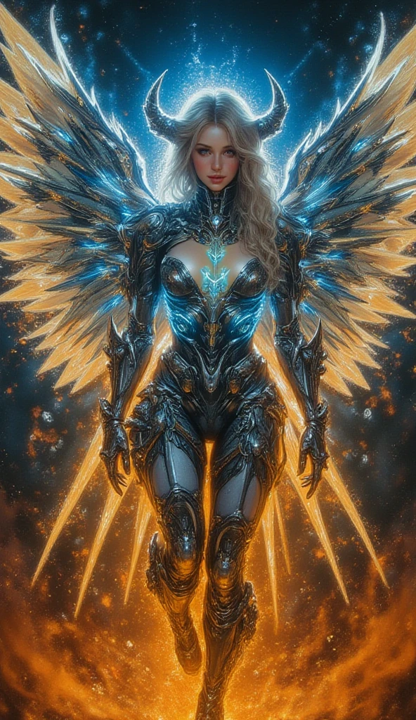 (( large１Twin Wing))、（（top-quality））， （（Super masterpiece））， （（realisticlying））， Portraits，1girl in，Full body portrait， Um ser celestial， Deities， goddes， light Particle， Halo， look at viewr， solid eyes，  shoulders， Chest tube parietal， pokerface，（bio luminescent：0.9）ocean， bio luminescent， Full of energy， Colorful，，，，， Farbe， （bio luminescent， bio luminescent），（Beautiful composition）， Cinematic lights， capricious，