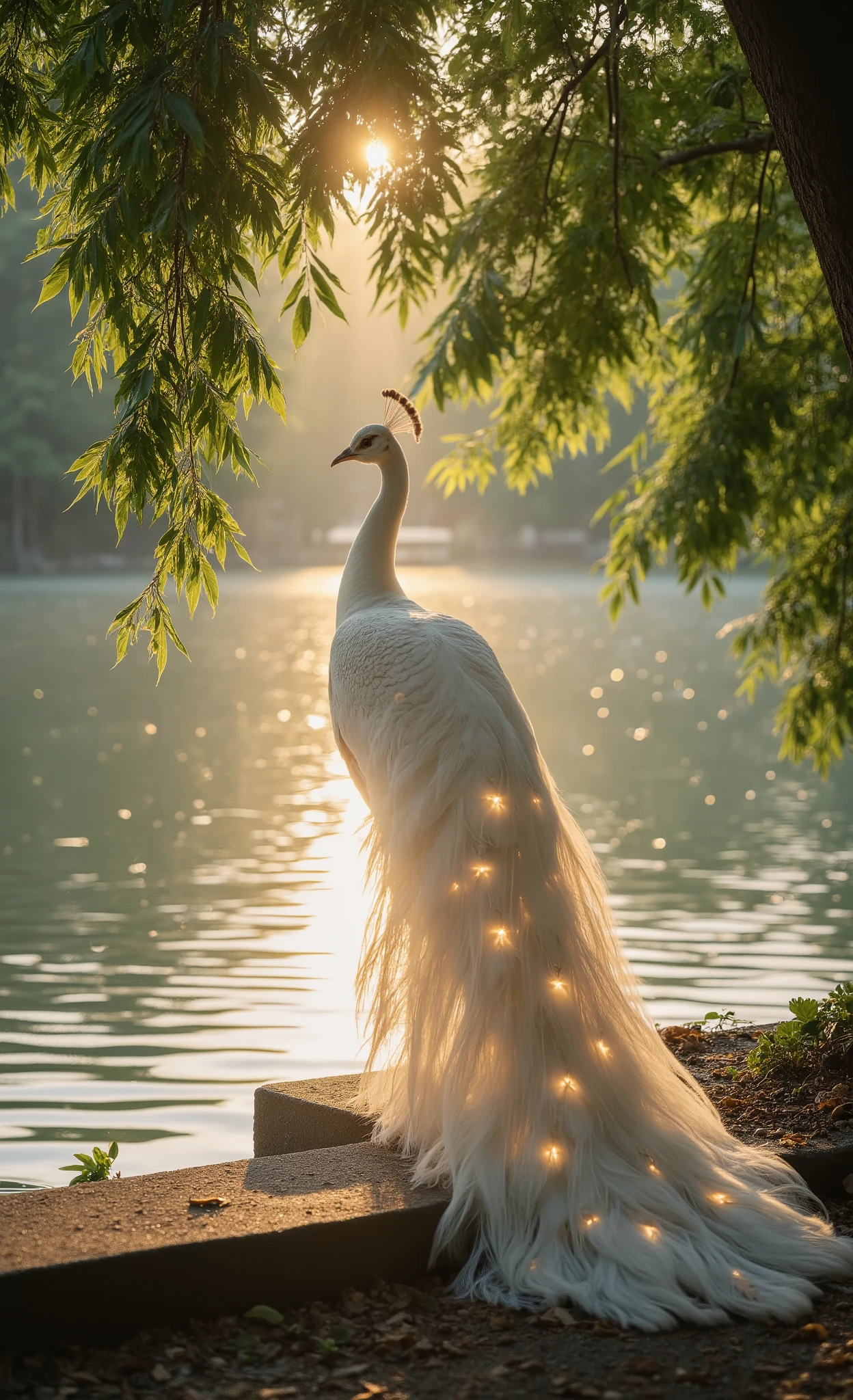 there is a white peacock standing on a ledge next to a body of water, beautiful and graceful, beautiful animal pearl queen, peaceful and graceful, glowing feathers, beautiful glowing backlit, beautiful backlit, beautiful and elegant, beautiful lit, beautiful nature, very beautiful photo, beautiful digital artwork, stunning beautiful, peacock, beautifully backlit, magical sparkling lake, A majestic white peacock stands gracefully by the edge of a tranquil lake, framed by lush green foliage that hangs from a nearby tree. The setting sun casts a warm glow across the scene, illuminating the bird's elaborate tail feathers, which are adorned with numerous glowing lights that resemble tiny stars or fireflies. These delicate yellow-white lights create an ethereal ambiance, as if the peacock is draped in a shimmering evening gown. In the distance, soft shadows and silhouettes of trees are visible across the water, adding depth and serenity to the image. The composition artfully balances natural beauty with a touch of magical realism, creating an enchanting and dreamlike atmosphere. The calm waters of the lake reflect the peacock's radiant display, capturing a moment of pure elegance and wonder.