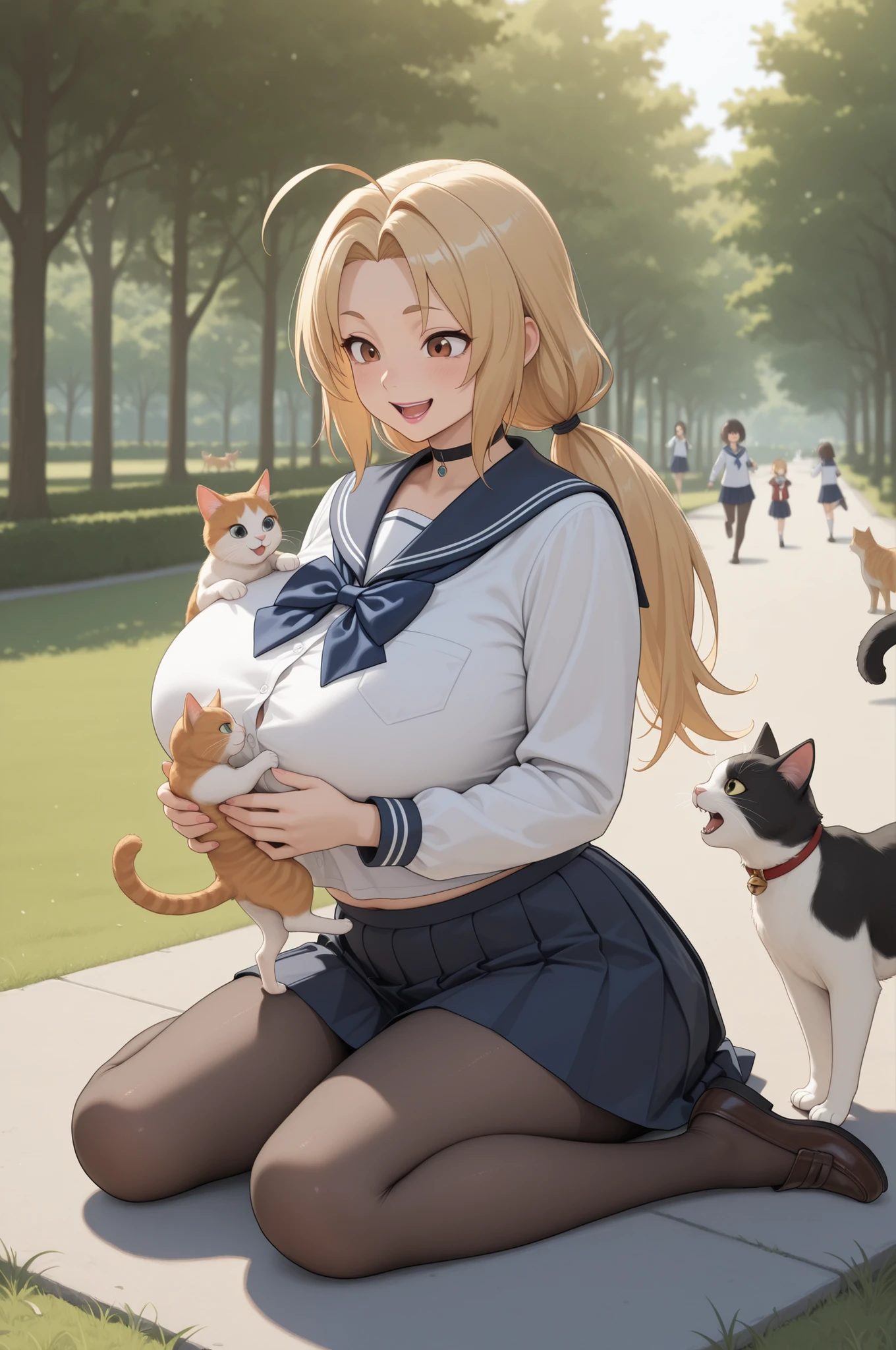 Tsunade Senju . Grandmother . long , blond hair tied in two ponytails . brown eyes . pink lipstick . huge saggy breasts . chubby. choker , | girl_with_cats, cat, animal, holding animal,multiple cats, cats running, cats jump,girl surrounded by many cats, solo, 1girl, ahoge, smile, long sleeves, pantyhose, serafuku, skirt, shirt, outdoors, sailor collar, sitting on lawn square,wariza, holding open mouth, smile,park, masterpiece,best quality,amazing quality,ultra detailed, very aesthetic,absurdres,skinny,general,highres, ultra-detailed, amazing quality, newest, scenery,beautiful detailed hair, beautiful detailed eyes, beautiful detailed face, dynamic lighting, super detailed skin,sharp focus,