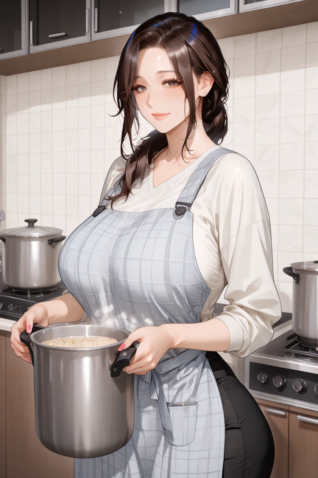 (Mature Woman:1.5), (mother:1.5), Ishtar, Fate Grand Order, (Absurd, 8k, 4K, Tabletop, Extremely detailed:1.2), highest quality, Perfect Anatomy,Perfect Face, High humidity, (alone:1.2), (Sweaty:1.3), shortness of breath, High humidity, humid, (Black Hair:1.1), Red eyes, Looking into the camera, (Very :1.5), Light clothing, apron, (kitchen;1.1), (Having a conversation:1.2), (Speech bubble:1.1), A kind smile, relief, peace of mind, mother性, Cooking, have a ladle, pot, pot-au-feu, Gentle look, 