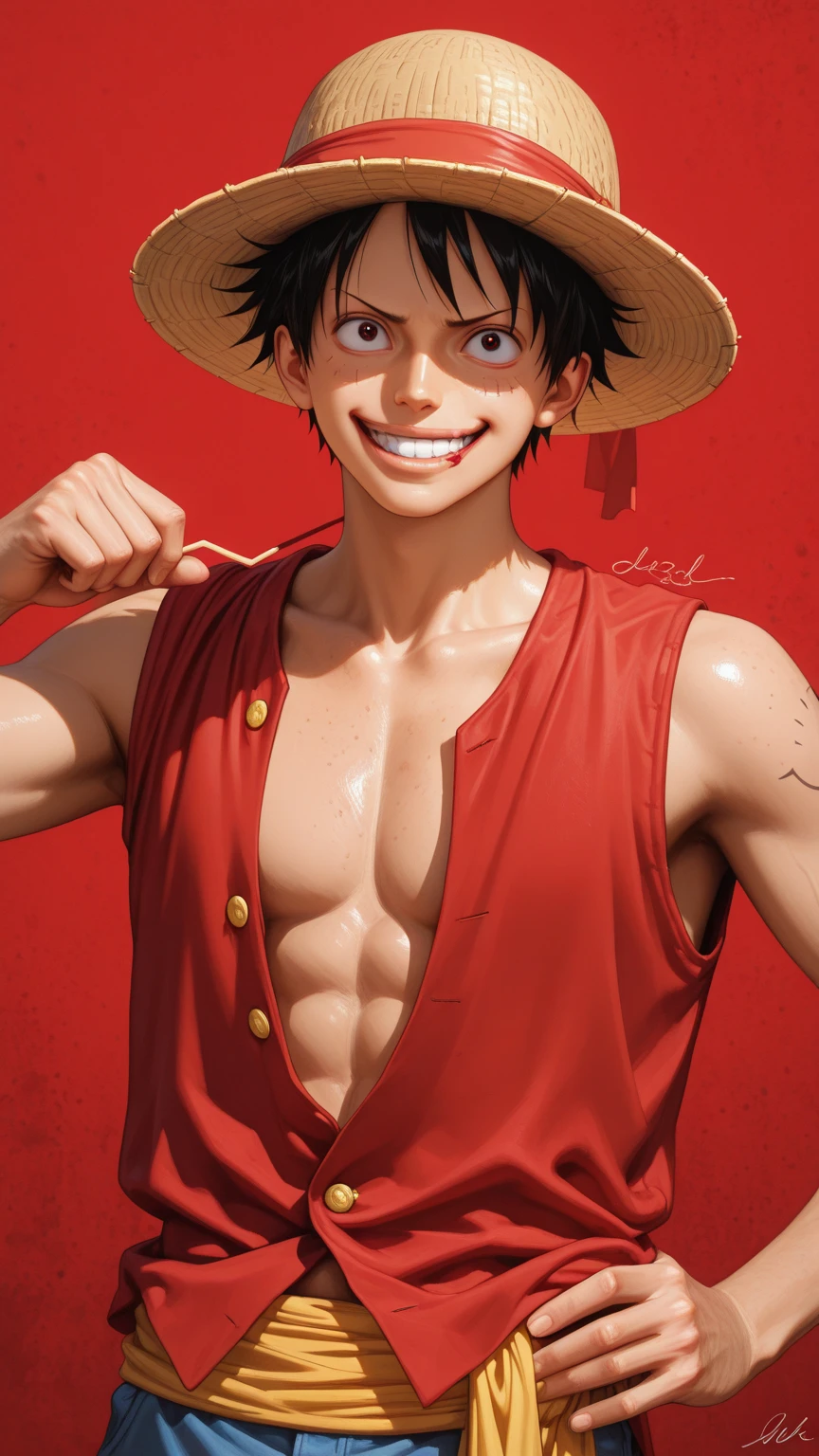 Men,strawhat, sleeveless red shirt, smiling,black hair,