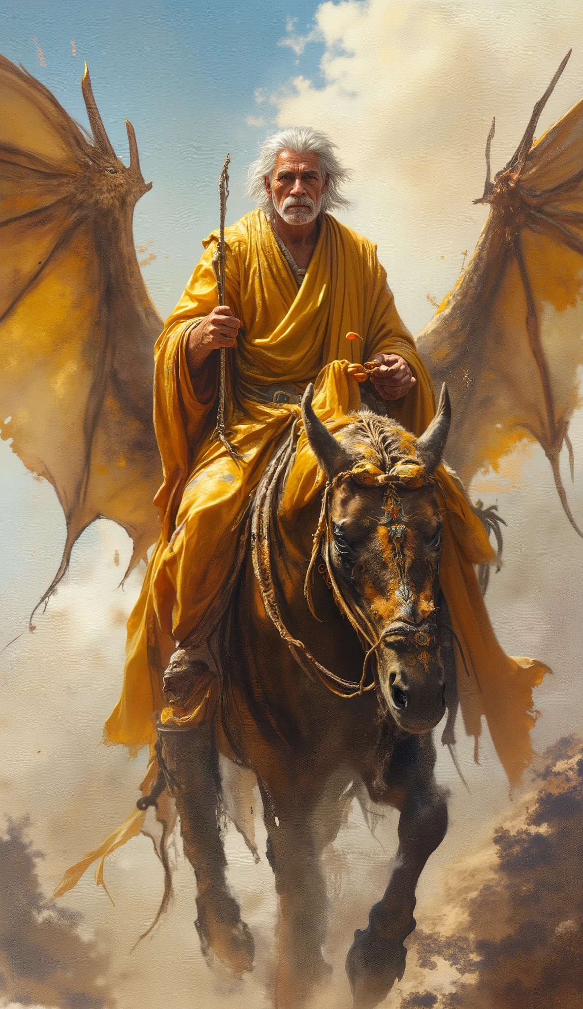 an old white man in golden clothes sitting on a dragon and in the air