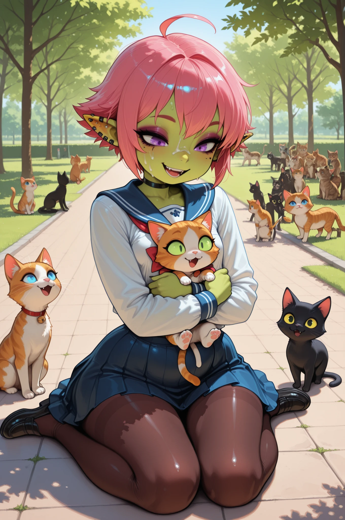 female punk, greasy pink very short hair, black eye , facial piercings, eye makeup, small breasts, meduim hips, boy. crossdressing, femboy. (goblin girl:1.0) (shortstack:1.0) (green skin:1.0) (pointy ears:1.0) (wide hips:1.0)| girl_with_cats, cat, animal, holding animal,multiple cats, cats running, cats jump,girl surrounded by many cats, solo, 1girl, ahoge, smile, long sleeves, pantyhose, serafuku, skirt, shirt, outdoors, sailor collar, sitting on lawn square,wariza, holding open mouth, smile,park, masterpiece,best quality,amazing quality,ultra detailed, very aesthetic,absurdres,skinny,general,highres, ultra-detailed, amazing quality, newest, scenery,beautiful detailed hair, beautiful detailed eyes, beautiful detailed face, dynamic lighting, super detailed skin,sharp focus,