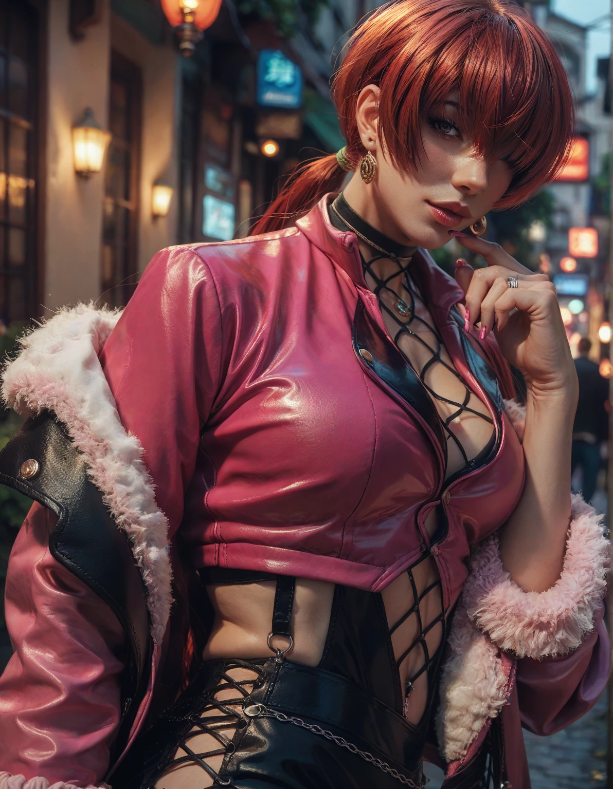 (At night), Stand in an upright and immobile position, Pink Suit, Pink jacket, choker, Neckline, Cutting out clothes, Earrings, Have long bangs that cover the eyes ((Hair above the eyes)), 1 girl, 20-year-old, young woman, beautiful finger, beautiful long legs, beautiful body, beautiful nose, beautiful character design, perfect face, Looking at the audience (focusing on her face) , , , Official Art, Highly detailed CG Unity 8k wallpaper, Perfect lighting, bright and Farbeful front lighting, Glowing Skin, (masterpiece: 1.0), (Highest_quality: 1.0), ultra High resolution, 4K, Super detailed photos, 8k, High resolution, High resolution, absurdes:1.2, 400 for Kodak Port, Film Grain, Blurred Background, bokeh:1.2, Lens flare, (Vibrant_Farbe:1.2), Professional photography, (beautiful, ?????: 1.4), (beautiful_face: 1.5 ), (Tight waist),Evil Laugh,lipstick,The most sadistic laughing face,Lol face is the worst,The worst mockery,A wicked scam,,,both hands,Five Fingers,Black background,A face full of evil,The most wicked mockery,The one that made me grin the most,Hair above the eyes