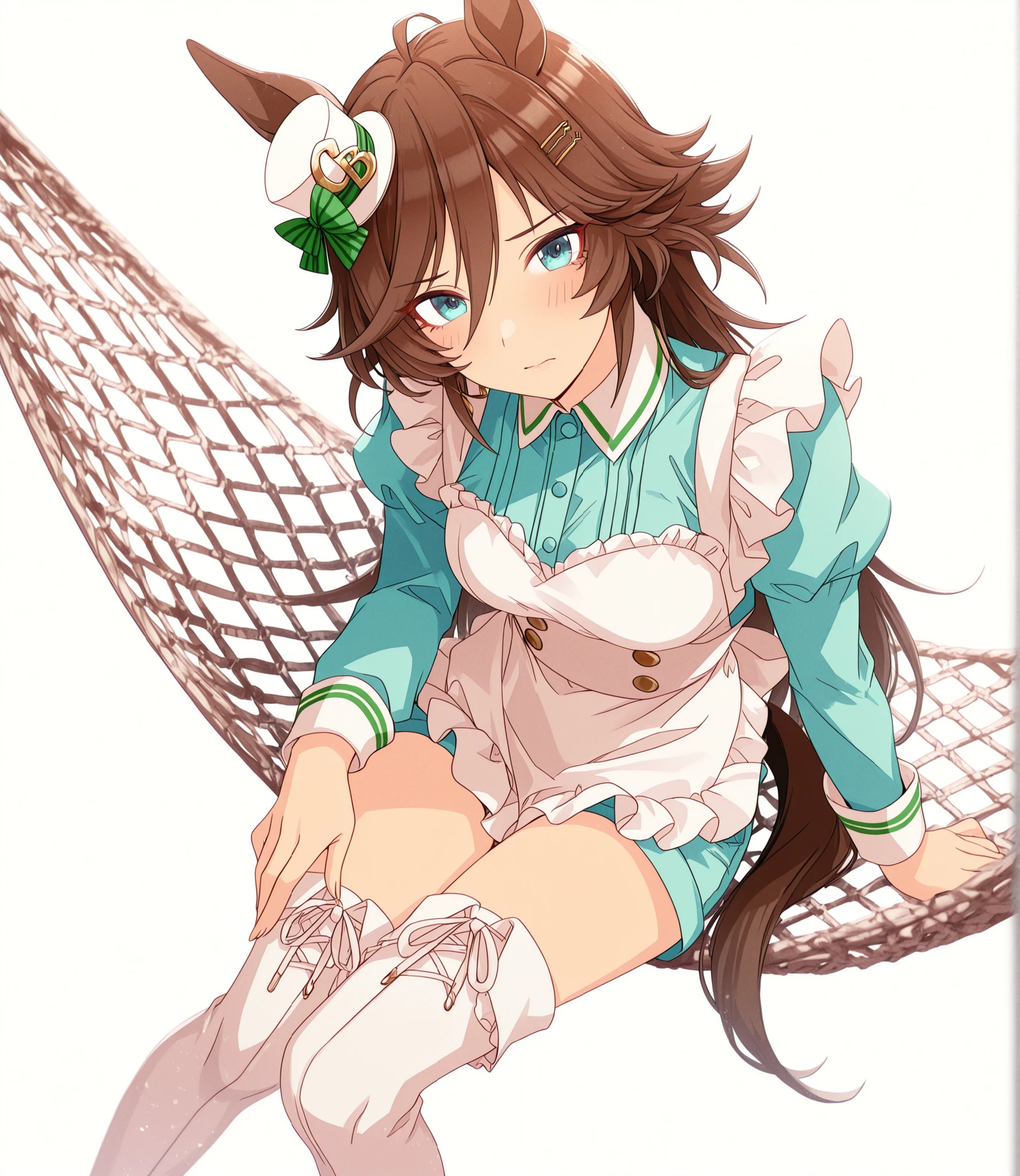 masterpiece, , absurdres, highres, detailed background, high resolution, masterpiece, necessary, detail, best quality, quality, necessary, details, High details, Precise, , (white background, simple background), (((dappled sunlight, sunlight)),((dutch angle)), from above,
                                                                                                                                                                                                                         1girl, , umamusume style, tomari style, solo, <lora:XL-Tomari-veryberry00-ILXL:1>, (aged up:1.2), head tilt, sitting ,hammock, earing,
   
tall girl, mr. c.b. , (slim body, slim arms),  \(umamusume\), ((green blue eyes)), brown hair, hair ornament, ((low ponytail)), tsurime, (maid clothes),long-sleeve, filled undershirt, pale apron, shorts, , (flilled boots, thigh boots) , ((touching thigh)), embarrassed ,
(), , , small , ,  looking at viewer, (half-shut eyes), ,  (pale skin), ((long thighs)),