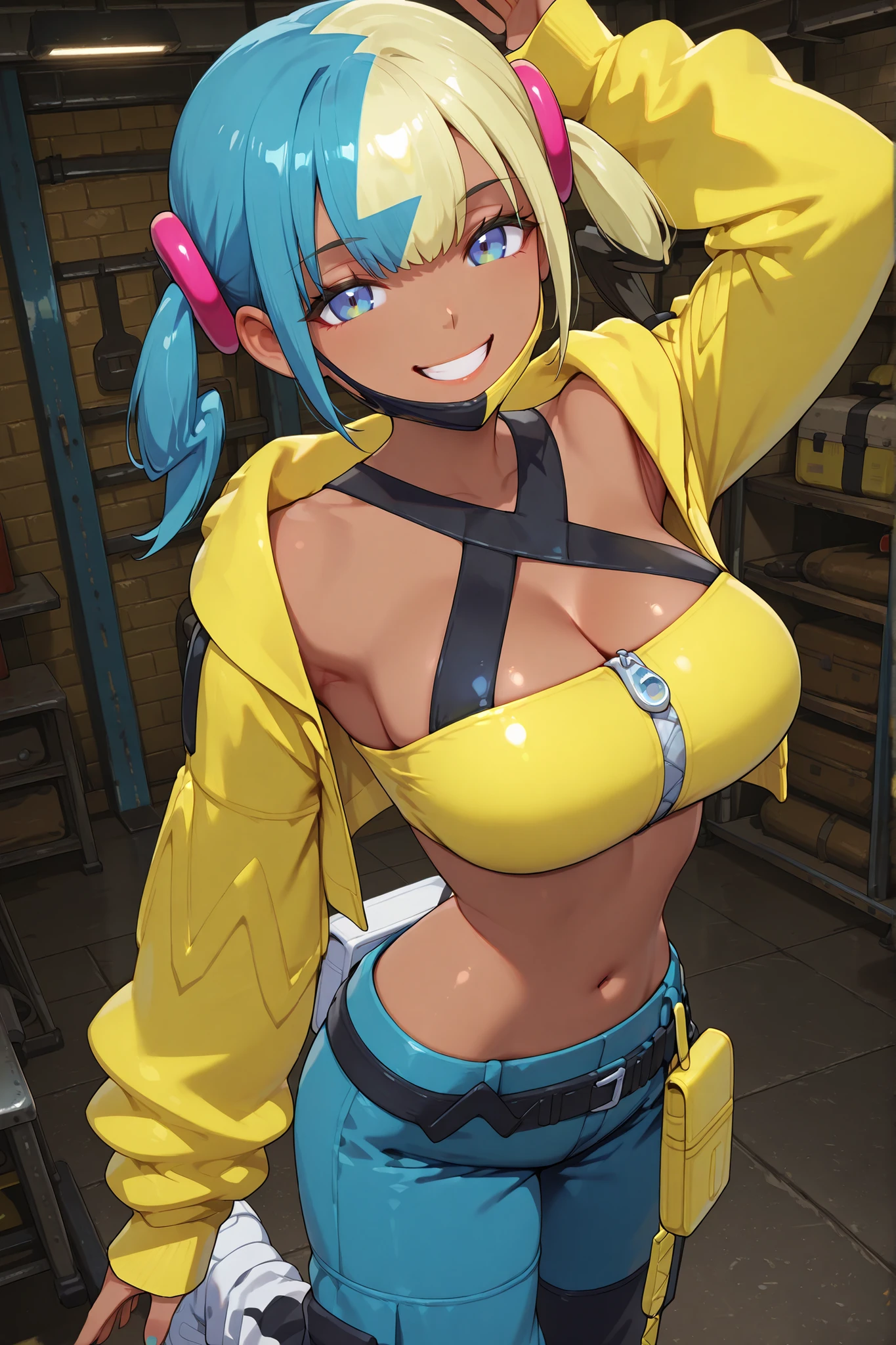 Masterpiece, solo, 1girl, canari,
dark skin, multicolored hair, two-tone hair, blue hair, blonde hair, twintails, blue eyes,
hair ornament, mask, mask under chin, yellow jacket, hooded jacket, open jacket, long sleeves, sleeves past wrists, crop top, midriff, zipper, nail polish, pants, pouch, belt, white footwear, indoors, workshop, garage, large breasts, deep cleavage, looking at viewer, grin, showing armpits, nsfw