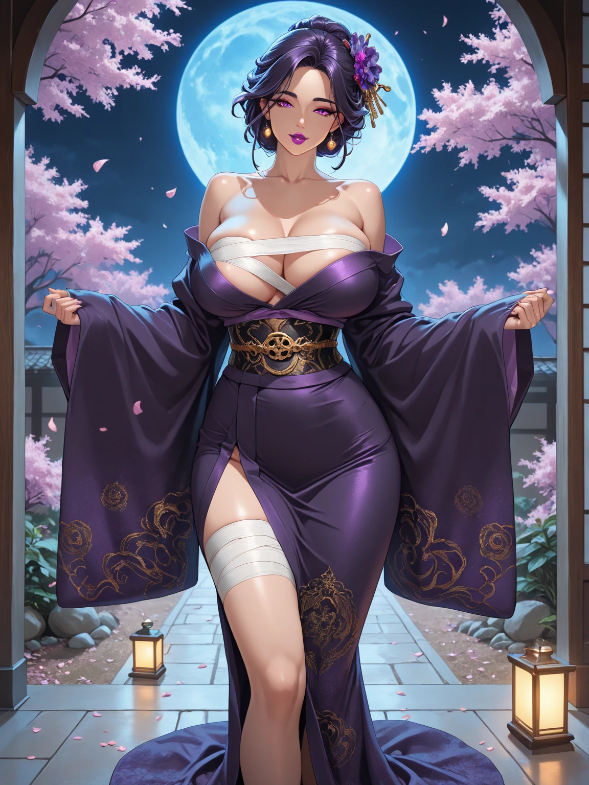 (Masterpiece), Best Quality, ultra-detailed, 1girl (jessie pokemon, Big and pretty ,  purple hair, all back, hair bun,blue eyes), wicked  smile,facing viewer, looking at viewer,nose  blush, blush, solo, kimono,  japanese clothes, bows, in the livingroom, night time, standing,  waist teasing 