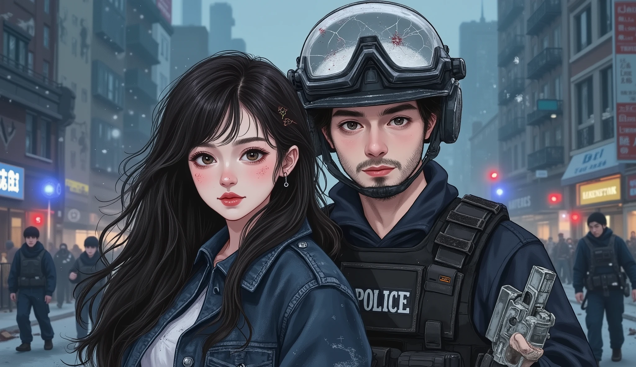 a 25-year-old woman and a man standing side by side in a zombie apocalypse setting, semi-realistic manhwa style, medium close-up shot from the waist up, both looking directly at the camera with serious determined expressions.
The woman has long messy black hair, fair skin with a few dirt smudges, natural Douyin-style makeup slightly smudged, wearing a dark worn jacket with scratches and dust, faint blood on her collar.
The man wears a police bulletproof vest and a tactical helmet with a cracked visor, light stubble on his jaw, slightly tanned skin, intense eyes, holding a weapon off-frame.
Background: destroyed city street filled with smoke, debris, and a few visible zombies approaching in the distance, red and blue flashing emergency lights reflecting off their faces.
Cold blue-gray cinematic lighting with subtle red highlights, sharp focus on both faces, high-quality detailed illustration, semi-realistic manhwa aesthetic, dark post-apocalyptic atmosphere.