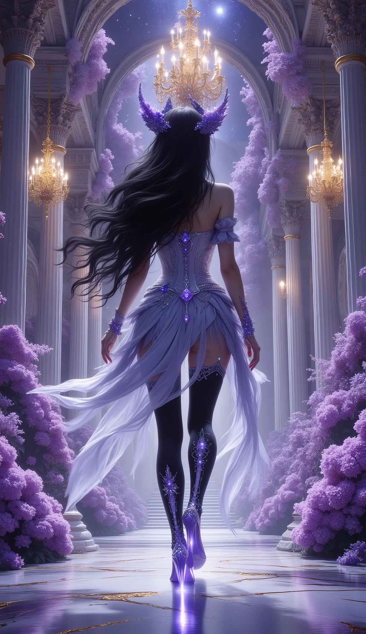 Shot on behind, 4K, hyper detail, hyper detail clothing texture, 17-year-old young Asian girl with a cute face with sweet appearance and white skin, tall body, slim and small belly, wide waist, shiny body, shiny costume, long and  muscular legs, and giant . wearing a white strapless V-cut corset Designed with sharp patterns with a deep cleavage galaxy motif that reveals her navel, shaped by very tight black diamonds with intricate details, a ruffled micro mini skirt and black nylon stockings with  high blue lace with scaly motifs, her stockings reach her , she also wears very high heeled stilettos and high treads with straps, her purple high heels emit a shining light from her feet, reminiscent of a fantasy style. This work features intricate details, including sparkling blue gemstones and feather-like textures and flashes of blue light that adorn the tight corset, The shiny paint on the corset adds to the fantasy feel, while her long black hair flows in waves over her shoulders, walking on a large fantasy hall with wide marble stairs, shining purple crystals, flowering magical plants, and towering classical columns. A thin mist drifts across the landscape, illuminated by golden chandeliers. The color palette combines purple, silver, and white, creating a refined, elegant atmosphere beneath the starry sky..