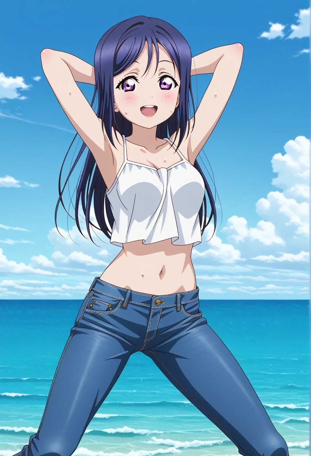 score_9, score_8_up, score_7_up, source_anime, highres, hi res, ((best quality, top quality, perfect quality, Highest Quality, amazing quality)), {{masterpiece}}, {{an extremely delicate and beautiful}}, 2d, intricate details, official style, anime, 8k, anime style, official_anime, official art, digital painting, cell shading, soft shading, high resolution, soothing tones, Subdued Color, Soft cinematic light, adobe lightroom, photolab, HDR, intricately and hyper-detailed, ((high quality animation)), 1 girl, Alone, solo, ((ocean)), tsunami, on the water, day, sunny, outdoors, sky, windy, kanan matsuura, Love Live! Sunshine!!, long hair, blue hair, purple eyes, sidelocks, anime coloring, anime screencap, medium breasts, white camisole top, crop top, white crop top, best quality, hyper-detailed jeans, ((blue jeans:1.9)), (dark blue jeans:0.6), full medium body, medium shot, Open mouth, smiling, happy face, blush, sweat, standing, ((arms behind head:6.0)), ((perfect arm line:2.5)), perfect hand line, bowlegged, sliding pose, action, looking at viewer, spread legs, Bend knees slightly, straight-on front view