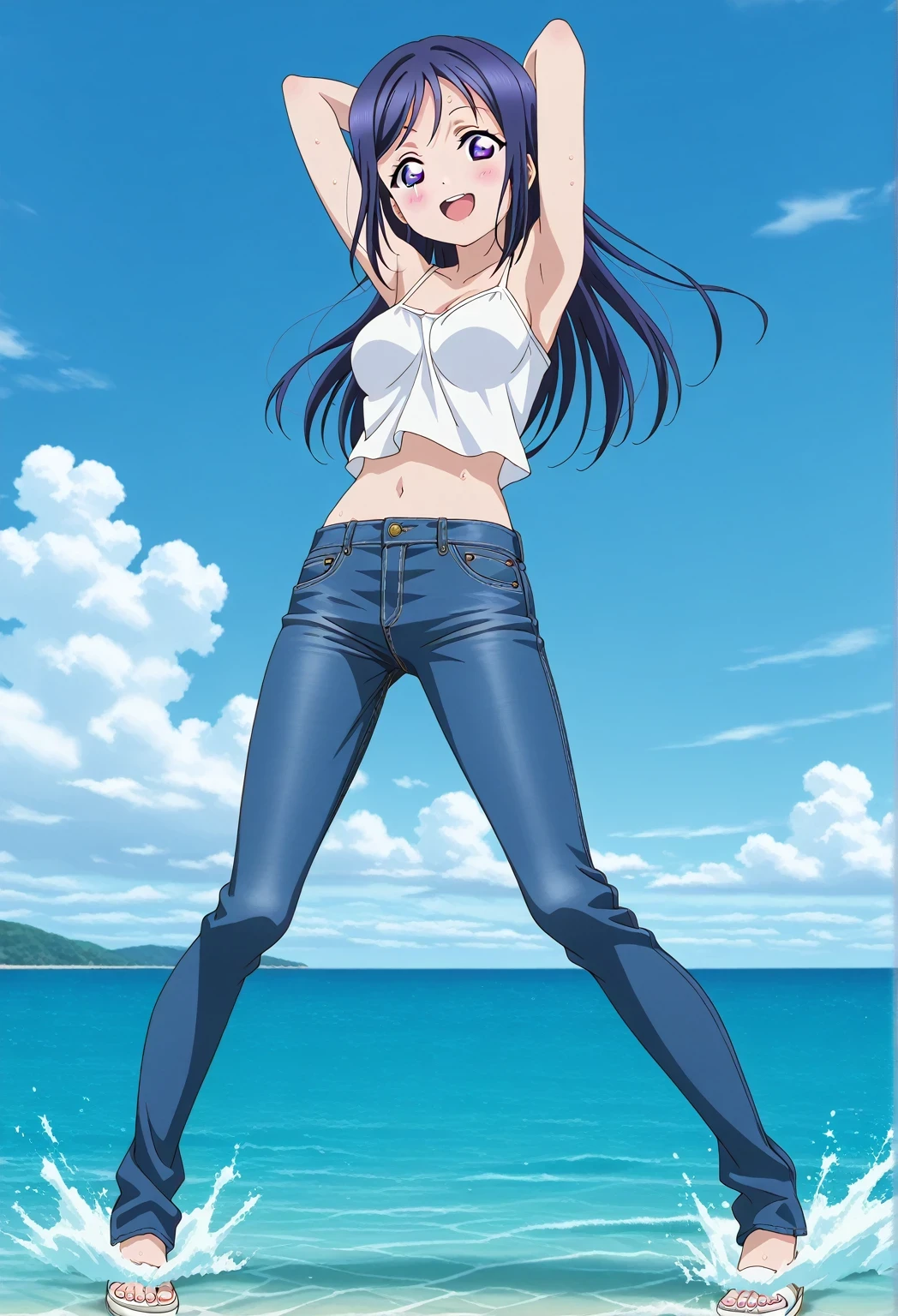 score_9, score_8_up, score_7_up, source_anime, highres, hi res, ((best quality, top quality, perfect quality, Highest Quality, amazing quality)), {{masterpiece}}, {{an extremely delicate and beautiful}}, 2d, intricate details, official style, anime, 8k, anime style, official_anime, official art, digital painting, cell shading, soft shading, high resolution, soothing tones, Subdued Color, Soft cinematic light, adobe lightroom, photolab, HDR, intricately and hyper-detailed, ((high quality animation)), 1 girl, Alone, solo, ((ocean)), tsunami, on the water, day, sunny, outdoors, sky, windy, kanan matsuura, Love Live! Sunshine!!, long hair, blue hair, purple eyes, sidelocks, anime coloring, anime screencap, medium breasts, white camisole top, crop top, white crop top, best quality, hyper-detailed jeans, ((blue jeans:1.9)), (dark blue jeans:0.6), full medium body, medium shot, Open mouth, smiling, happy face, blush, sweat, standing, ((arms behind head:6.0)), ((perfect arm line:2.5)), perfect hand line, bowlegged, sliding pose, action, looking at viewer, spread legs, Bend knees slightly, straight-on front view