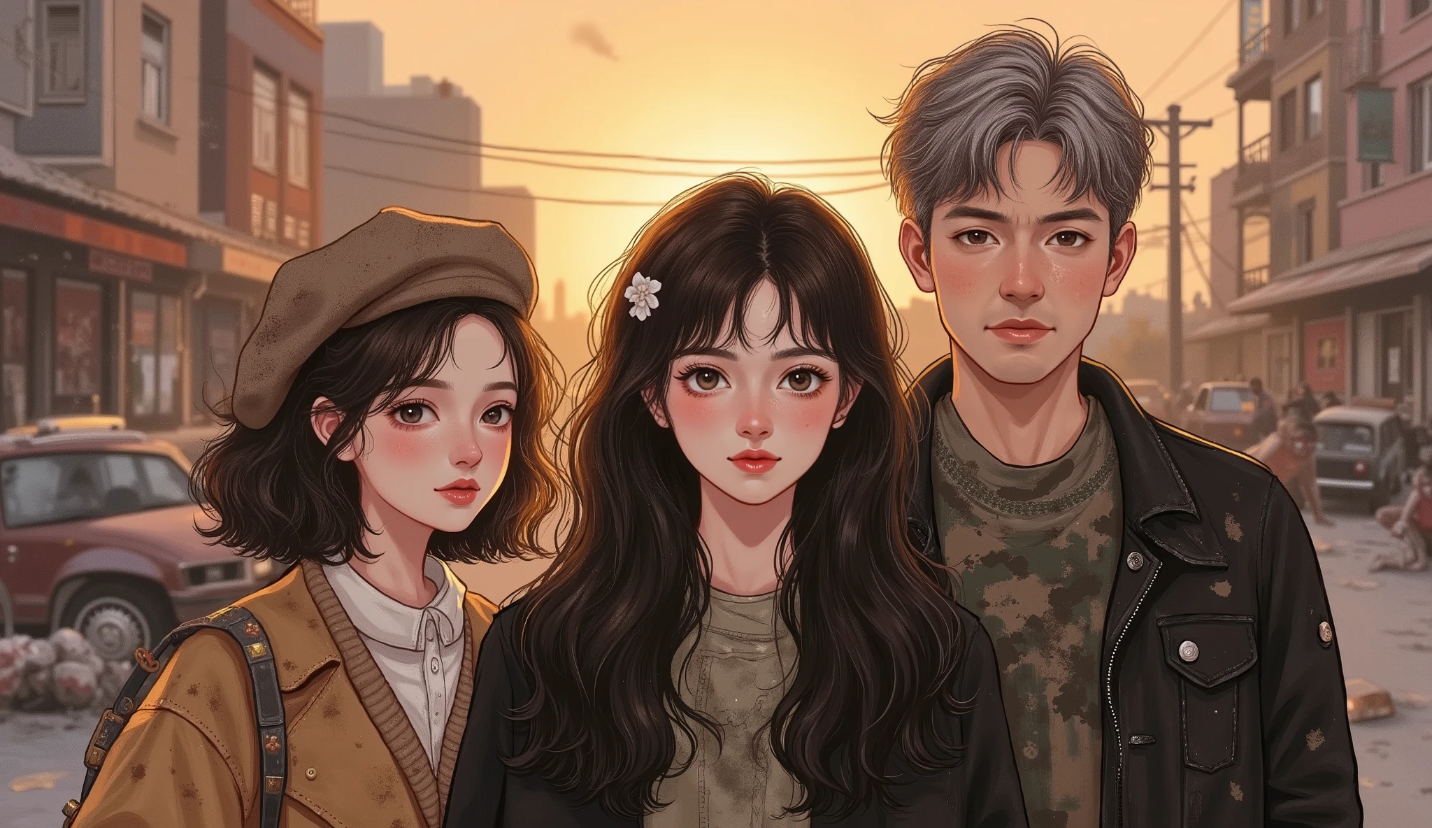 three people — a 25-year-old woman and her middle-aged parents — standing together in a zombie apocalypse setting, semi-realistic manhwa style, medium close-up shot from the waist up.
All three are looking directly at the camera with determined and emotional expressions, faces clearly visible with detailed features and soft lighting.
The young woman has long black hair, fair skin, natural Douyin-style makeup with light blush and slightly messy strands, wearing a dark jacket with dirt smudges.
The mother has gentle eyes but a tense expression, short slightly wavy hair, wearing a worn-out cardigan and shirt.
The father has short graying hair, tired but protective expression, wearing a rugged jacket.
Background: ruined city street with broken cars, smoke, and faint silhouettes of zombies in the distance, warm golden-orange light from the setting sun filtering through dust.
High-quality detailed illustration, soft cinematic lighting, semi-realistic manhwa aesthetic, clear facial features, emotional post-apocalyptic atmosphere.