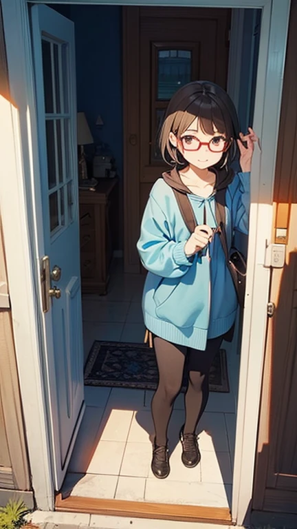 1girl with long hair and dress, 1 girl is taking to lavatory, long sleeves, black glasses, barefoot, looking at viewer,  standing,  embarrassed, shorts, blush, Keep one's mouth shut,  street (girl is peeing self:0.395)