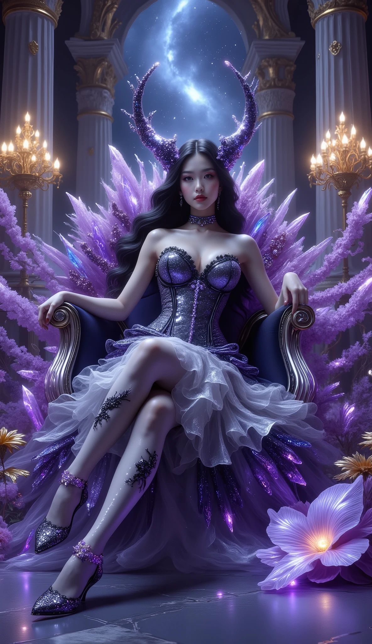 Shot on below, 4K, hyper detail, hyper detail clothing texture, 17-year-old young Asian girl with a cute face with sweet appearance and white skin, tall body, slim and small belly, wide waist, shiny body, shiny costume, long and sexy muscular legs, and giant breasts. wearing a white strapless V-cut corset with a deep cleavage galaxy motif that reveals her navel, shaped by very tight black diamonds with intricate details, a ruffled micro mini skirt and black nylon stockings with sexy high blue lace with scaly motifs, her stockings reach her crotch, she also wears very high heeled stilettos and high treads with straps, her purple high heels emit a shining light from her feet, reminiscent of a fantasy style. This work features intricate details, including sparkling blue gemstones and feather-like textures and flashes of blue light that adorn the tight corset, The shiny paint on the corset adds to the fantasy feel, while her long black hair flows in waves over her shoulders, lie down in a luxuryous chair, background large fantasy hall with wide marble stairs, shining purple crystals, flowering magical plants, and towering classical columns. A thin mist drifts across the landscape, illuminated by golden chandeliers. The color palette combines purple, silver, and white, creating a refined, elegant atmosphere beneath the starry sky..