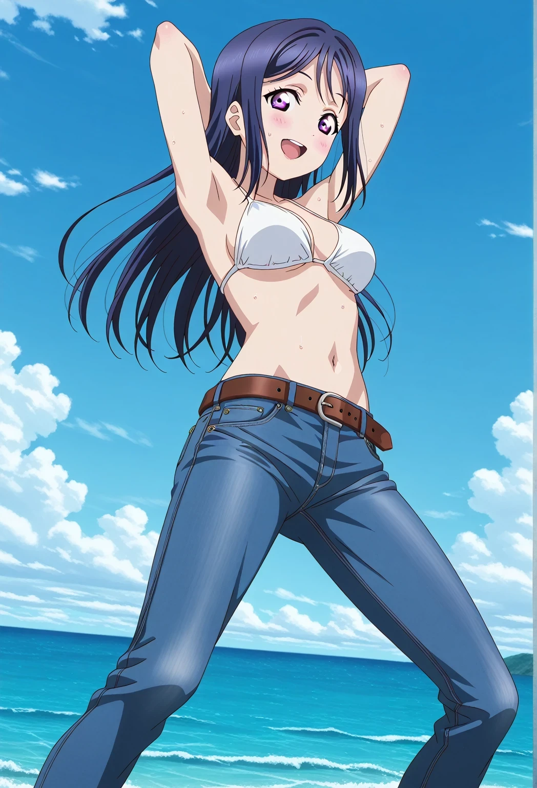 score_9, score_8_up, score_7_up, source_anime, highres, hi res, ((best quality, top quality, perfect quality, Highest Quality, amazing quality)), {{masterpiece}}, {{an extremely delicate and beautiful}}, 2d, intricate details, official style, anime, 8k, anime style, official_anime, official art, digital painting, cell shading, soft shading, high resolution, soothing tones, Subdued Color, Soft cinematic light, adobe lightroom, photolab, HDR, intricately and hyper-detailed, ((high quality animation)), 1 girl, Alone, solo, ((ocean)), tsunami, on the water, day, sunny, outdoors, sky, windy, kanan matsuura, Love Live! Sunshine!!, long hair, blue hair, purple eyes, sidelocks, anime coloring, anime screencap, medium breasts, white bikini top, best quality, hyper-detailed jeans, belt, brown belt, ((blue jeans:1.9)), (dark blue jeans:0.6), full medium body, medium shot, Open mouth, smiling, happy face, blush, sweat, standing, ((arms behind head:6.0)), ((perfect arm line:2.5)), perfect hand line, bowlegged, sliding pose, action, looking at viewer, spread legs, Bend knees slightly, straight-on front view