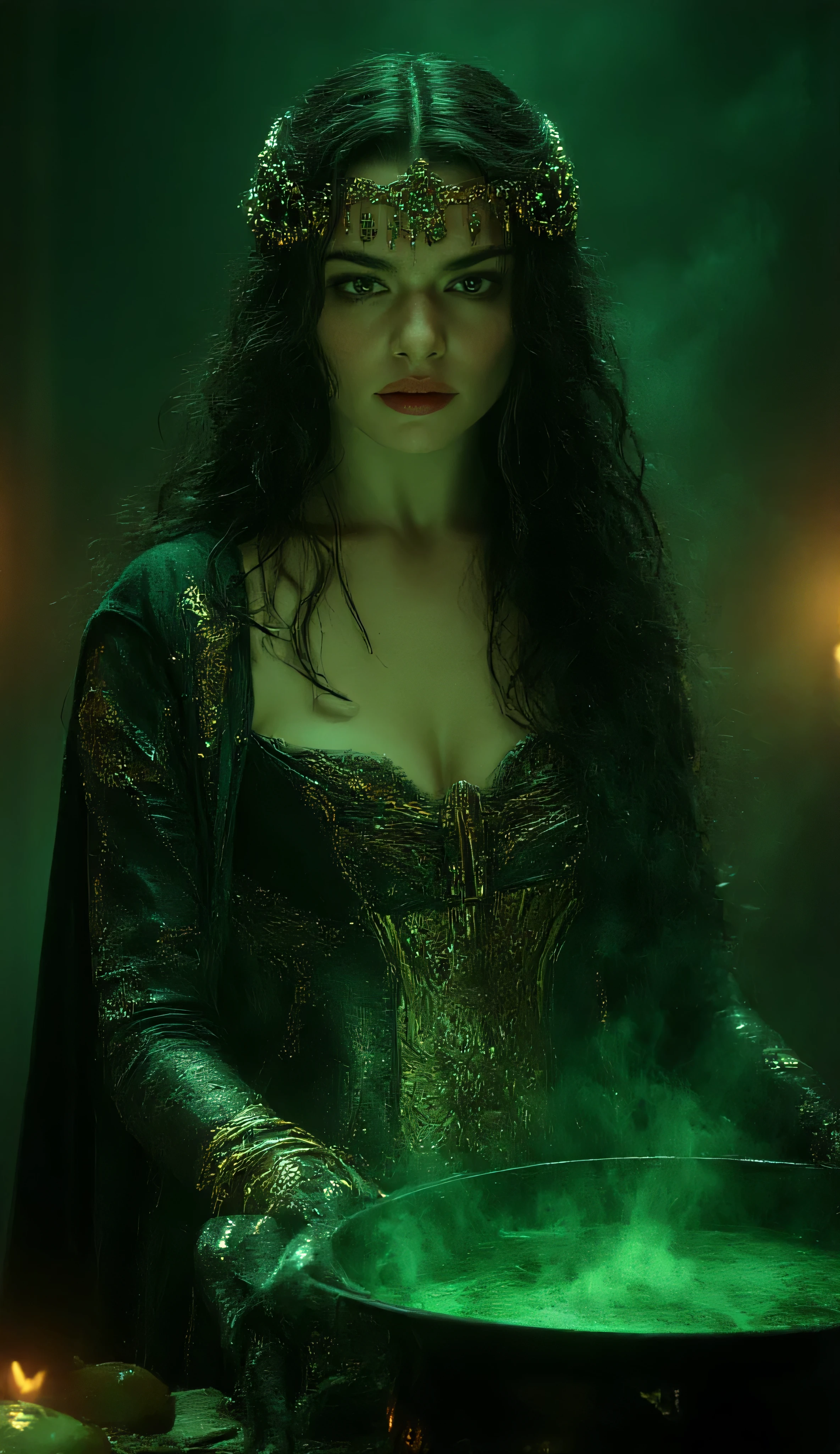 Rachel Weisz as Medea, Hades, cowboy shot, beautiful dark sorceress, standing, before bubbling cauldron, mixing a glowing green potion, wears elegant black and gold robe adorned with ornate patterns and jade ornaments, long hair flows over her shoulders, framed by a golden headdress with tassels, calm and mysterious expression, red lips, pale skin glowing in the dim candlelight, green magical light reflects on her face and surroundings, other cauldrons emit green smoke behind, gothic alchemy chamber, fantasy anime style, detailed, soft lighting, painterly shading, 4K resolution