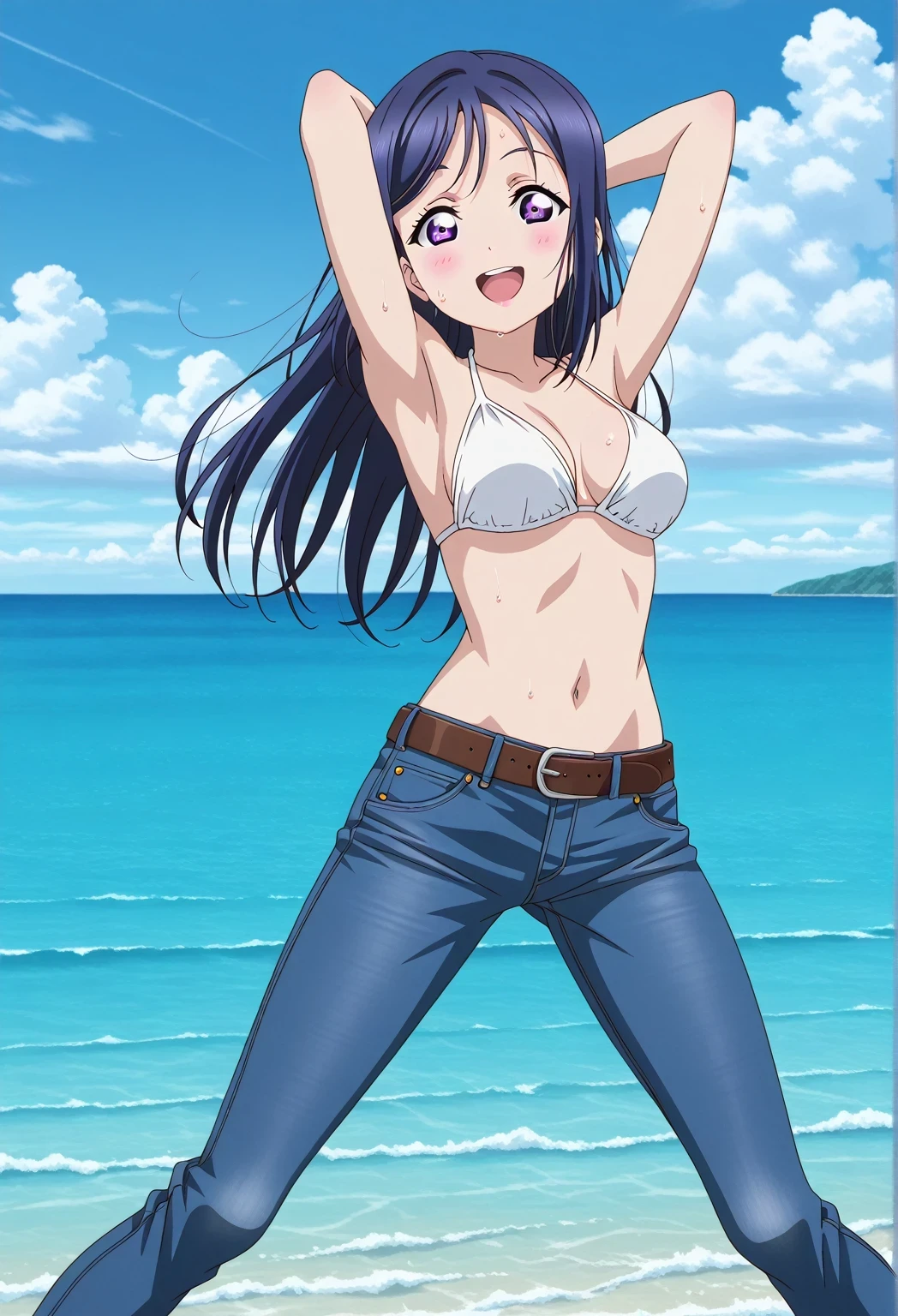 score_9, score_8_up, score_7_up, source_anime, highres, hi res, ((best quality, top quality, perfect quality, Highest Quality, amazing quality)), {{masterpiece}}, {{an extremely delicate and beautiful}}, 2d, intricate details, official style, anime, 8k, anime style, official_anime, official art, digital painting, cell shading, soft shading, high resolution, soothing tones, Subdued Color, Soft cinematic light, adobe lightroom, photolab, HDR, intricately and hyper-detailed, ((high quality animation)), 1 girl, Alone, solo, ((ocean)), tsunami, on the water, day, sunny, outdoors, sky, windy, kanan matsuura, Love Live! Sunshine!!, long hair, blue hair, purple eyes, sidelocks, anime coloring, anime screencap, medium breasts, white bikini top, best quality, hyper-detailed jeans, belt, brown belt, ((blue jeans:1.9)), (dark blue jeans:0.6), full medium body, medium shot, Open mouth, smiling, happy face, blush, sweat, standing, ((arms behind head:6.0)), ((perfect arm line:2.5)), perfect hand line, bowlegged, sliding pose, action, looking at viewer, spread legs, Bend knees slightly, straight-on front view