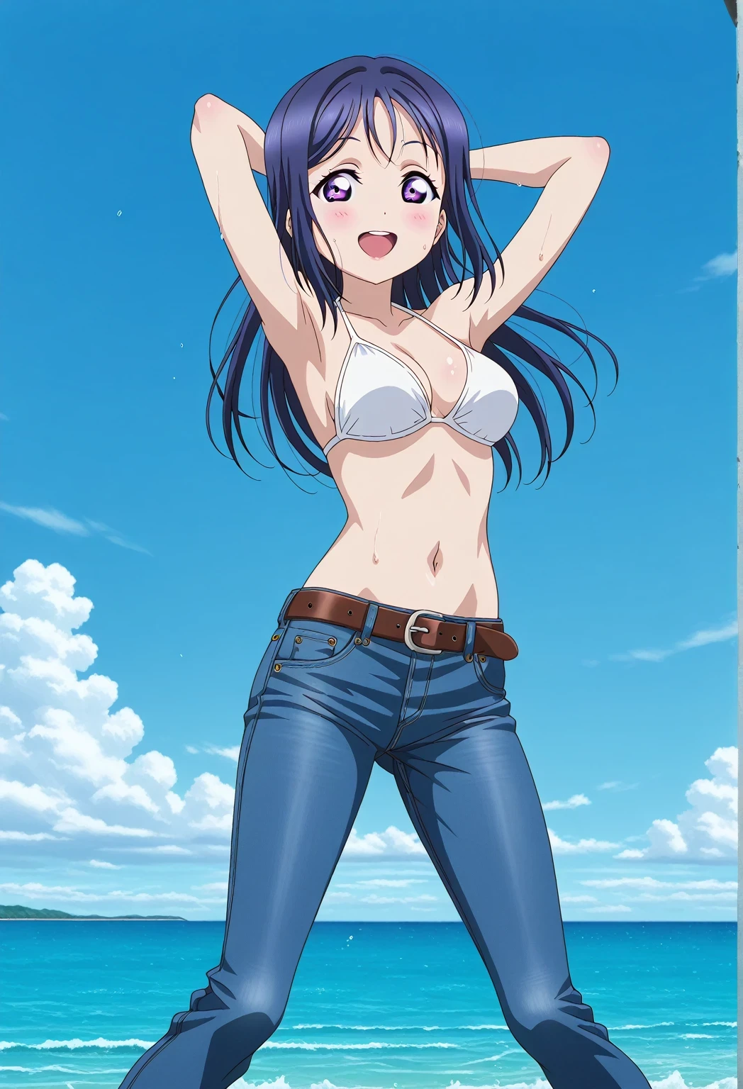 score_9, score_8_up, score_7_up, source_anime, highres, hi res, ((best quality, top quality, perfect quality, Highest Quality, amazing quality)), {{masterpiece}}, {{an extremely delicate and beautiful}}, 2d, intricate details, official style, anime, 8k, anime style, official_anime, official art, digital painting, cell shading, soft shading, high resolution, soothing tones, Subdued Color, Soft cinematic light, adobe lightroom, photolab, HDR, intricately and hyper-detailed, ((high quality animation)), 1 girl, Alone, solo, ((ocean)), tsunami, on the water, day, sunny, outdoors, sky, windy, kanan matsuura, Love Live! Sunshine!!, long hair, blue hair, purple eyes, sidelocks, anime coloring, anime screencap, medium breasts, white bikini top, best quality, hyper-detailed jeans, belt, brown belt, ((blue jeans:1.9)), (dark blue jeans:0.6), full medium body, medium shot, Open mouth, smiling, happy face, blush, sweat, standing, ((arms behind head:6.0)), ((perfect arm line:2.5)), perfect hand line, bowlegged, sliding pose, action, looking at viewer, spread legs, Bend knees slightly, straight-on front view