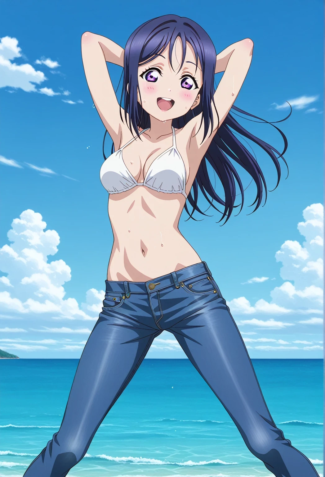 score_9, score_8_up, score_7_up, source_anime, highres, hi res, ((best quality, top quality, perfect quality, Highest Quality, amazing quality)), {{masterpiece}}, {{an extremely delicate and beautiful}}, 2d, intricate details, official style, anime, 8k, anime style, official_anime, official art, digital painting, cell shading, soft shading, high resolution, soothing tones, Subdued Color, Soft cinematic light, adobe lightroom, photolab, HDR, intricately and hyper-detailed, ((high quality animation)), 1 girl, Alone, solo, ((ocean)), tsunami, on the water, day, sunny, outdoors, sky, windy, kanan matsuura, Love Live! Sunshine!!, long hair, blue hair, purple eyes, sidelocks, anime coloring, anime screencap, medium breasts, white bikini top, best quality, hyper-detailed jeans, ((blue jeans:1.9)), (dark blue jeans:0.6), full medium body, medium shot, Open mouth, smiling, happy face, blush, sweat, standing, ((arms behind head:6.0)), ((perfect arm line:2.5)), perfect hand line, bowlegged, sliding pose, action, looking at viewer, spread legs, Bend knees slightly, straight-on front view