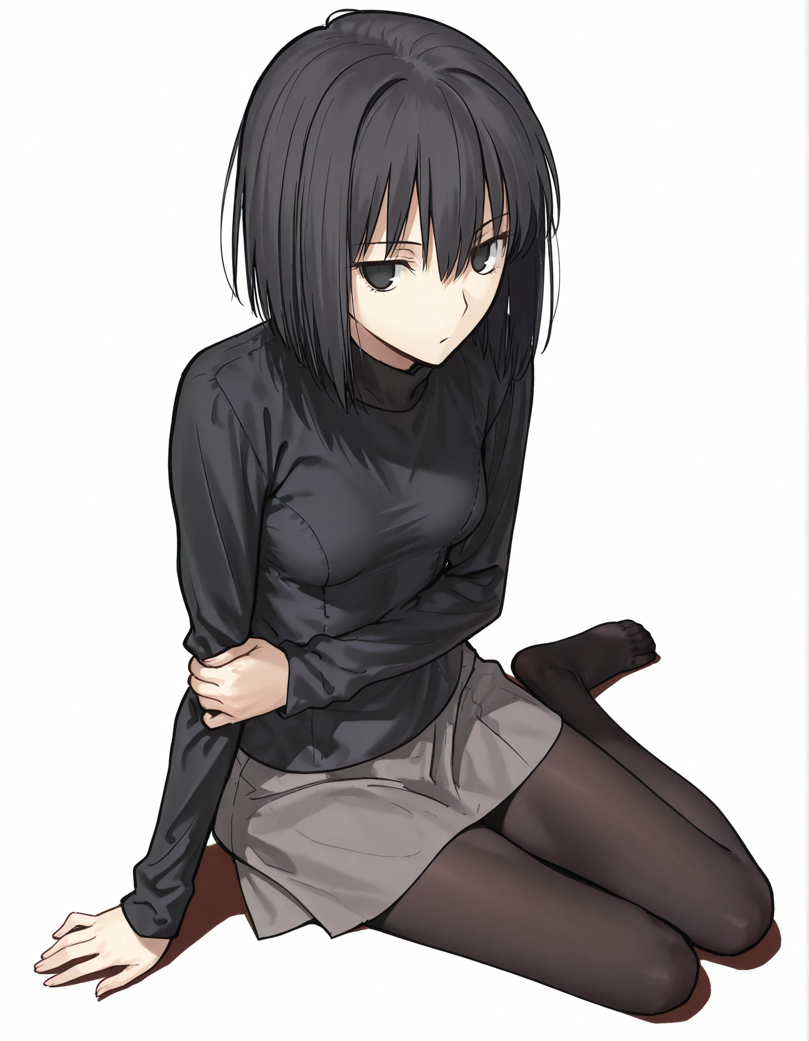 masterpiece, , absurdres, highres, detailed background, high resolution, necessary, detail, best quality, quality, details, High details, Precise, ,indoors, ((flat color:1.2)),(white background, simple background) , from above, shot,
1girl, solo, (type-moon,) style, koyama hirokazu style, (aged up:1.2) , , sitting, (yokozuwari), close up face,
tall girl, ,long arms,(slim body, ),<lora:alice kuonji:1> , <lora:witch on the holy night style:1> ,girl, , ,kuonji alice ,black hair ,short hair ,hair between eyes ,black eyes, , (no pupil), jitome, Alice_Casual, black sweater, turtleneck, grey skirt, black pantyhose, hold own arm, ,looking at viewer, small breasts, ,