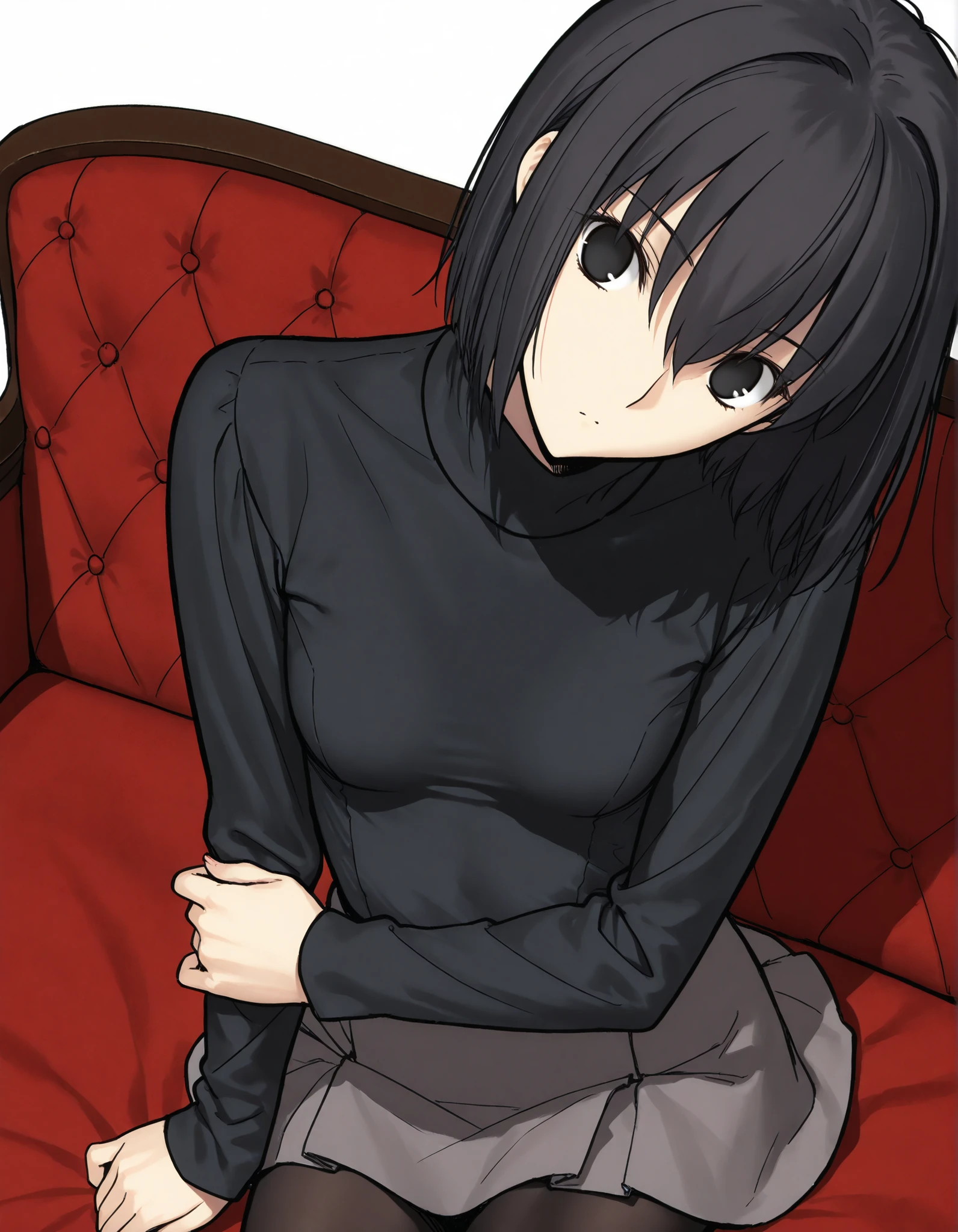 masterpiece, , absurdres, highres, detailed background, high resolution, necessary, detail, best quality, quality, details, High details, Precise, ,indoors, ((flat color:1.2)),(white background, simple background) , from above, shot,
1girl, solo, (type-moon,) style, koyama hirokazu style, (aged up:1.2) , , sitting, (yokozuwari),(head tilt), close up face,
tall girl, ,long arms,(slim body, ),<lora:alice kuonji:1> , <lora:witch on the holy night style:1> ,girl, , ,kuonji alice ,black hair ,short hair ,hair between eyes ,black eyes, , (no pupil), , Alice_Casual, black sweater, turtleneck, grey skirt, black pantyhose, hold own arm, ,looking at viewer, small breasts, ,