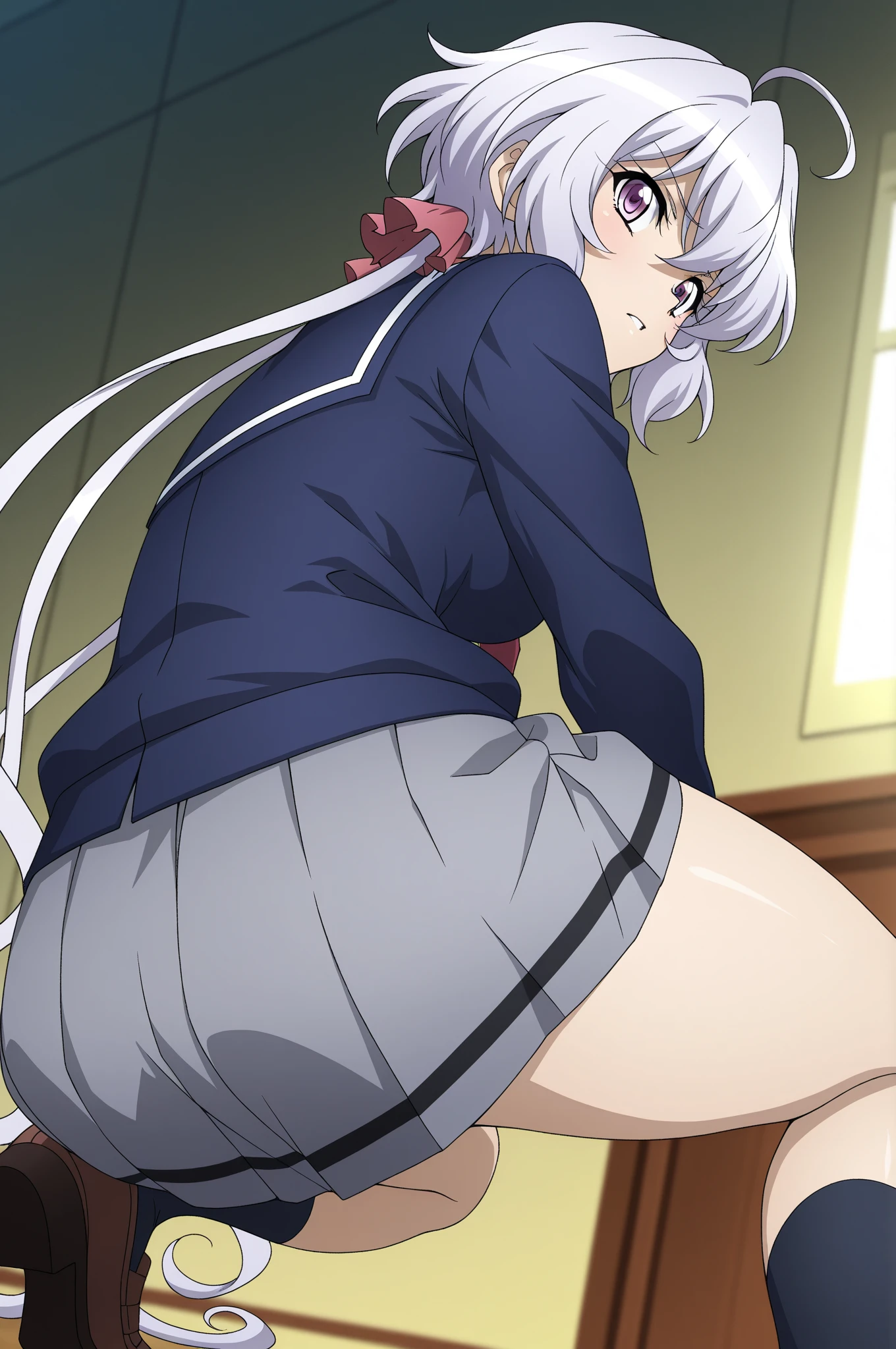 masterpiece, high quality, <lora:Alice_Human:1> 1girl, solo, THG-Alice, long hair, white hair, red eyes, white serafuku, white sailor collar, all fours, from behind, cowboy shot