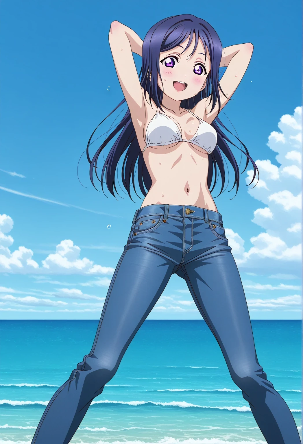 score_9, score_8_up, score_7_up, source_anime, highres, hi res, ((best quality, top quality, perfect quality, Highest Quality, amazing quality)), {{masterpiece}}, {{an extremely delicate and beautiful}}, 2d, intricate details, official style, anime, 8k, anime style, official_anime, official art, digital painting, cell shading, soft shading, high resolution, soothing tones, Subdued Color, Soft cinematic light, adobe lightroom, photolab, HDR, intricately and hyper-detailed, ((high quality animation)), 1 girl, Alone, solo, ((ocean)), tsunami, on the water, day, sunny, outdoors, sky, windy, kanan matsuura, Love Live! Sunshine!!, long hair, blue hair, purple eyes, sidelocks, anime coloring, anime screencap, medium breasts, white bikini top, best quality, hyper-detailed jeans, ((blue jeans:1.9)), (dark blue jeans:0.6), full medium body, medium shot, Open mouth, smiling, happy face, blush, sweat, standing, ((arms behind head:6.0)), ((perfect arm line:2.5)), perfect hand line, bowlegged, sliding pose, action, looking at viewer, spread legs, Bend knees slightly, straight-on front view