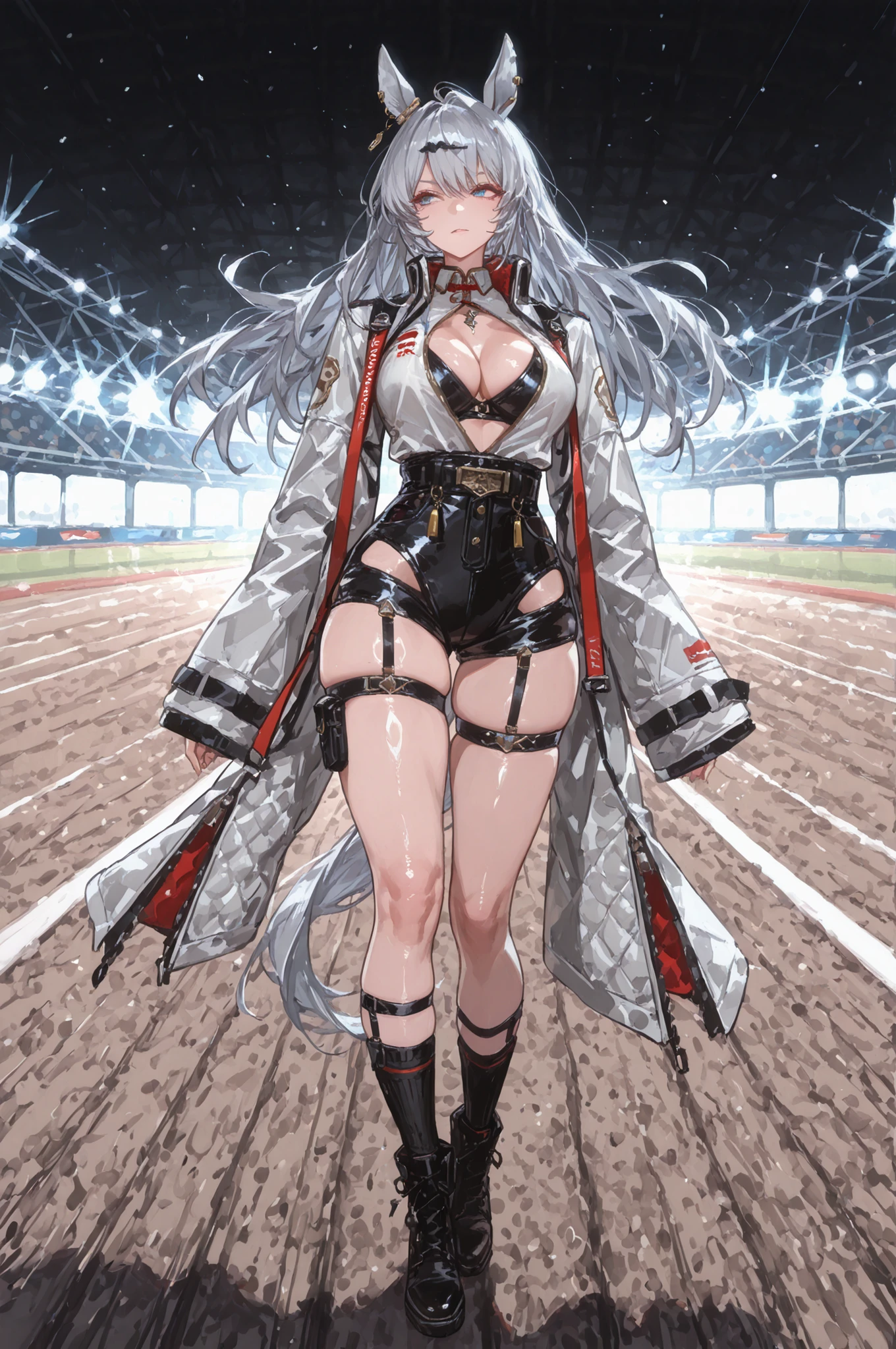 lawnの上、racecourse、緑のlawn、新緑のlawn、、Yee Xuan、Collapse Starrail、Racecourse、Uma Musume、horse ear、Jirio Mahonoko、 A sophisticated eye 、Full Body、GBF_style、748cm style for bigi、32K、semi-realistic、  super detailed description on the front 、art work、Original Work、 Detailed Color、 detailed eyes、 detailed face 、Detailed Eyes、detailed eyes、Exquisite eyes, The best傑作、professional job、Beautiful , Lots of Piercings, pop art, shiny skin, realistic skin, The best, long hair, blue eyes,    cool look, narrowed her eyes, viewers, Silver Hair、lawn、Racecourse、Turf、Race Course 、Dynamic Poses 、緑のlawn,Racecourse、lawn、Black Knee Socks、緑のlawn、black hotpants、black hotpants、black tights、lawnの上、frustrated、Three-quarter sleeves、3/4 sleeve long coat、Red and white coat 、red and white two-tone coat、Garter Belt for One Leg、Yee Xuan、open  clothes、black long boots、tall woman、adult woman