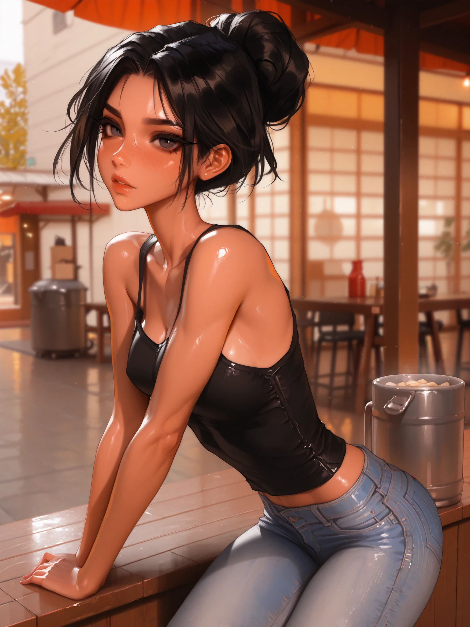 (Latina Female:0.5), skinny, masterpiece, best quality, very aesthetic, movie quality, depth of field,soft saturation, focused subject, ,official style, shiny skin, black eyes,  medium black hair, (parted hair), forehead, wide eyelashes, light eyelids, light eyebrows, shirow masamune,  sam yang style, almond shaped eyes, jeans, tanktop, hair behind ears, small breasts, 
